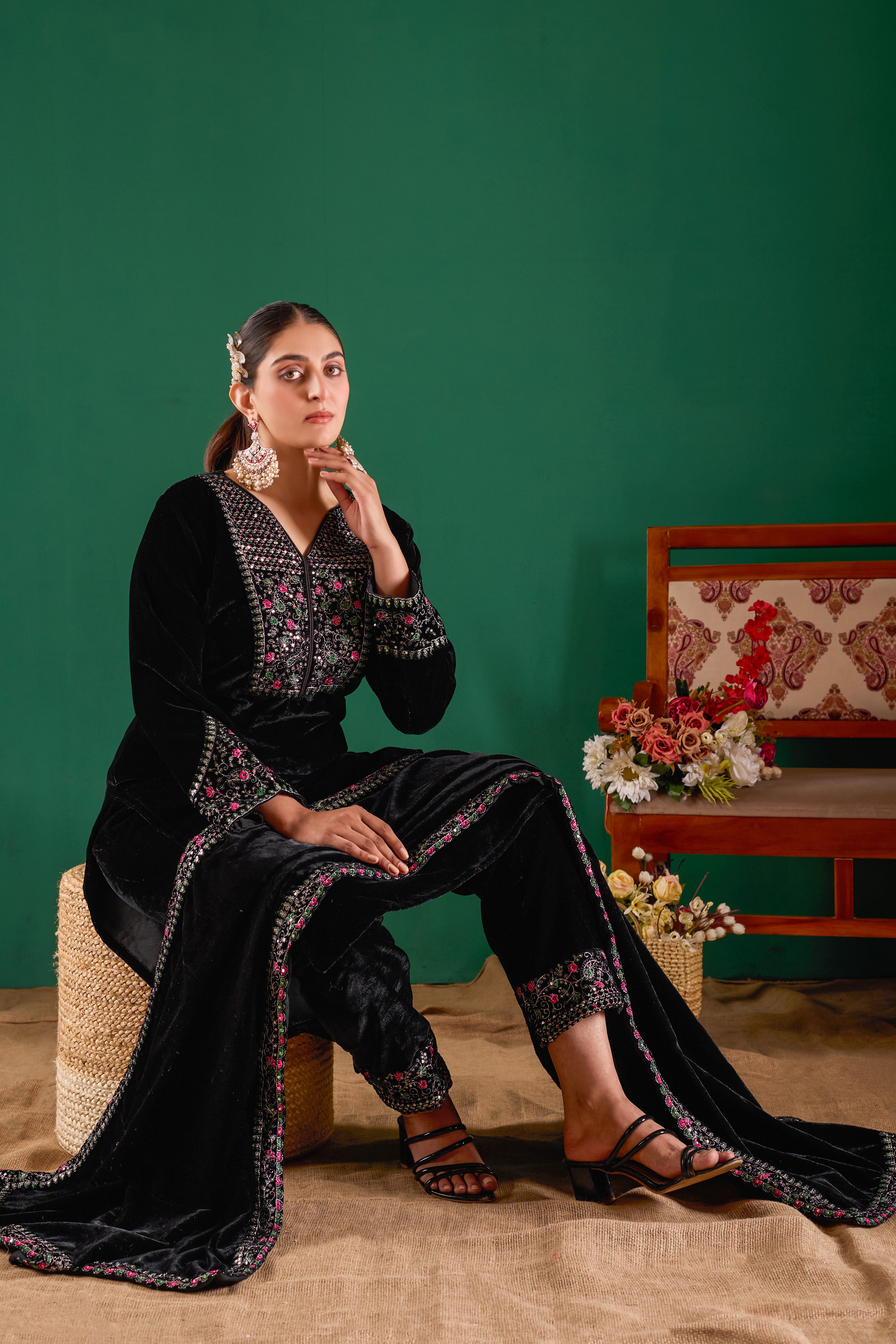 Black Velvet Design Kurti Set