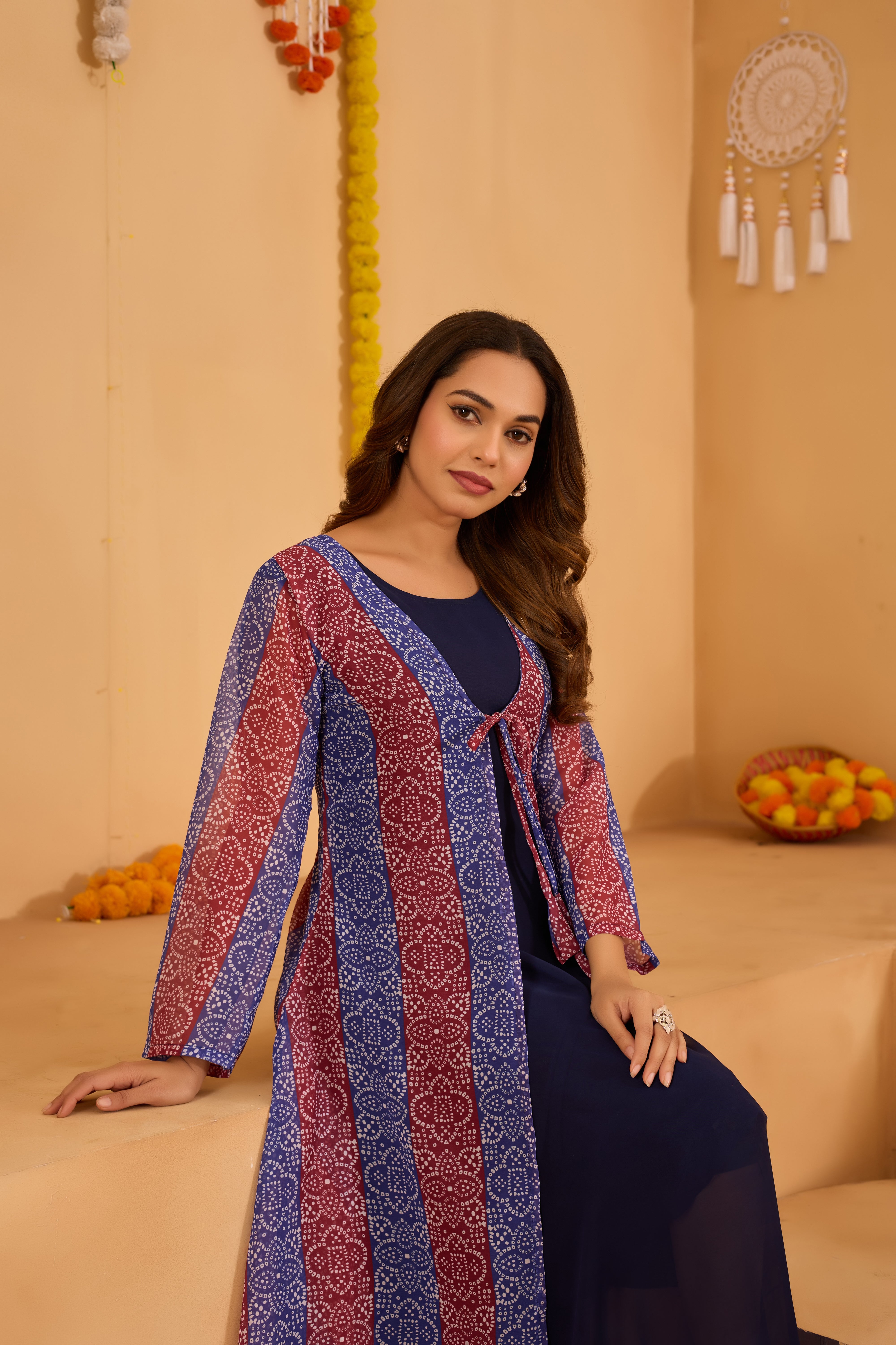 Red Bandhni Shrug set