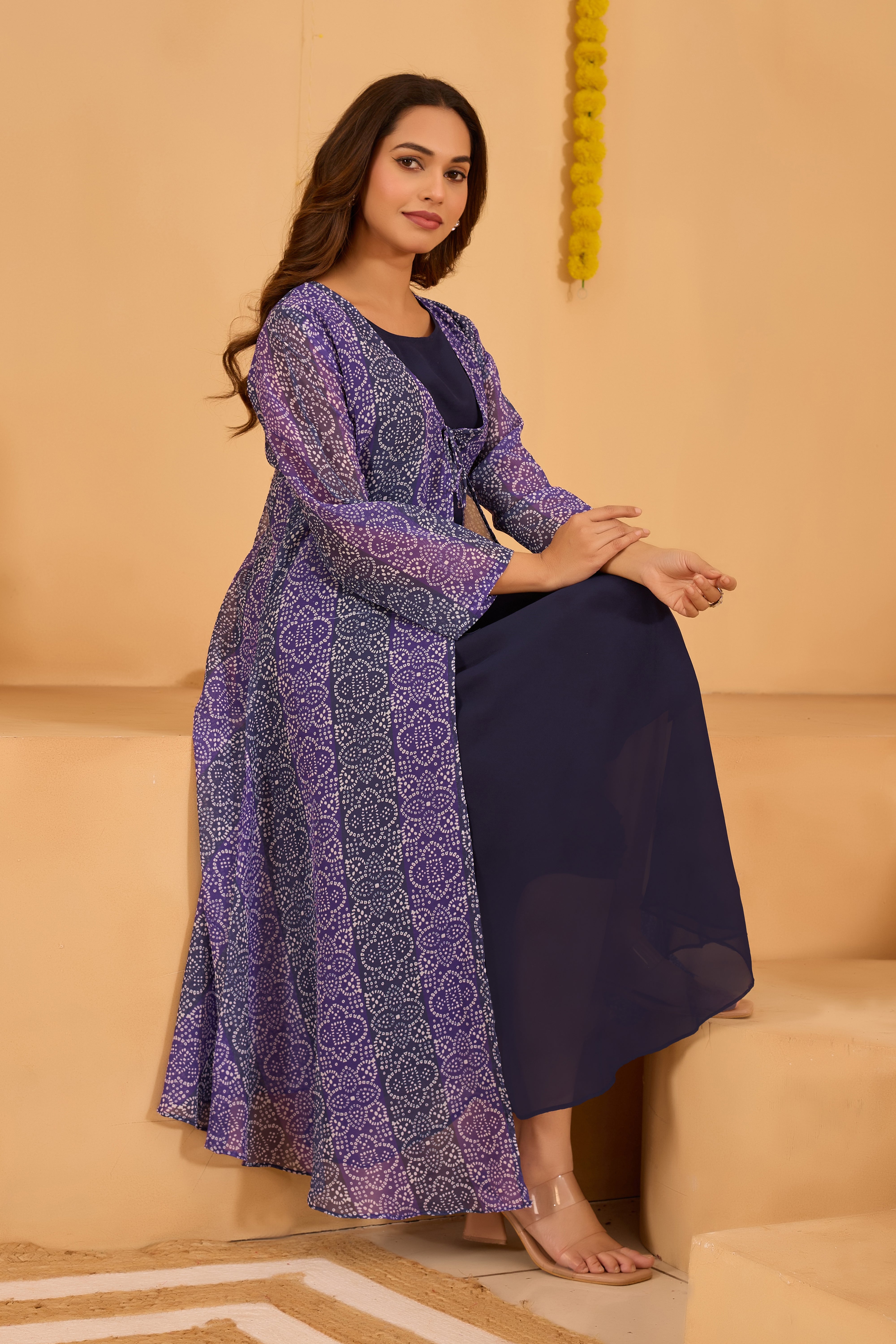 Navy Blue Bandhni Shrug set