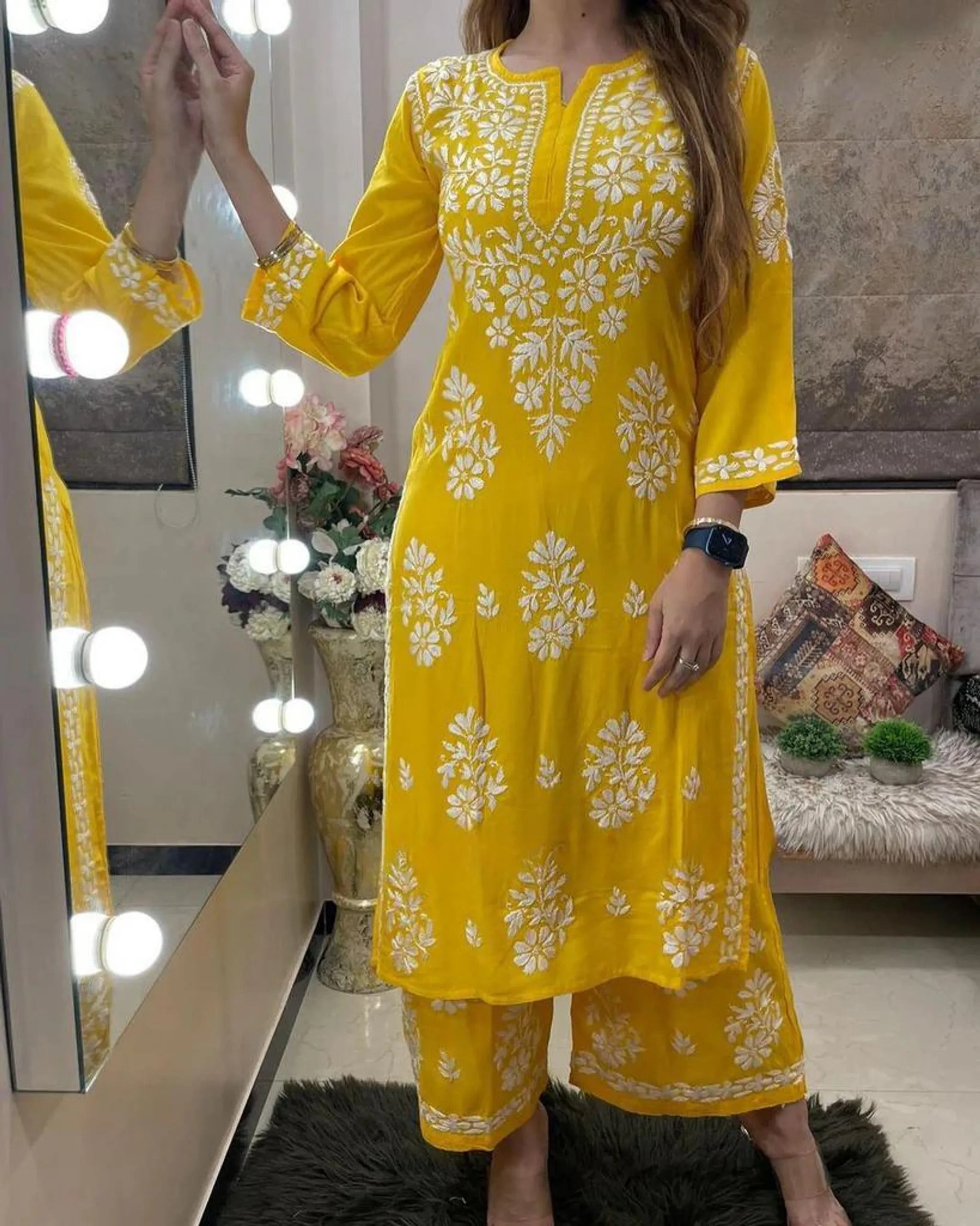 Yellow Chikankari Kurti For Women