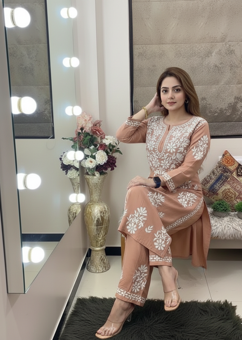 Peach Chikankari Kurti For Women