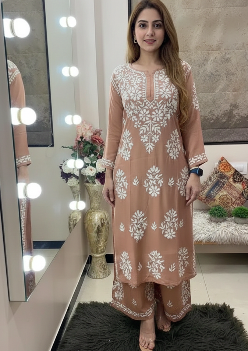 Peach Chikankari Kurti For Women