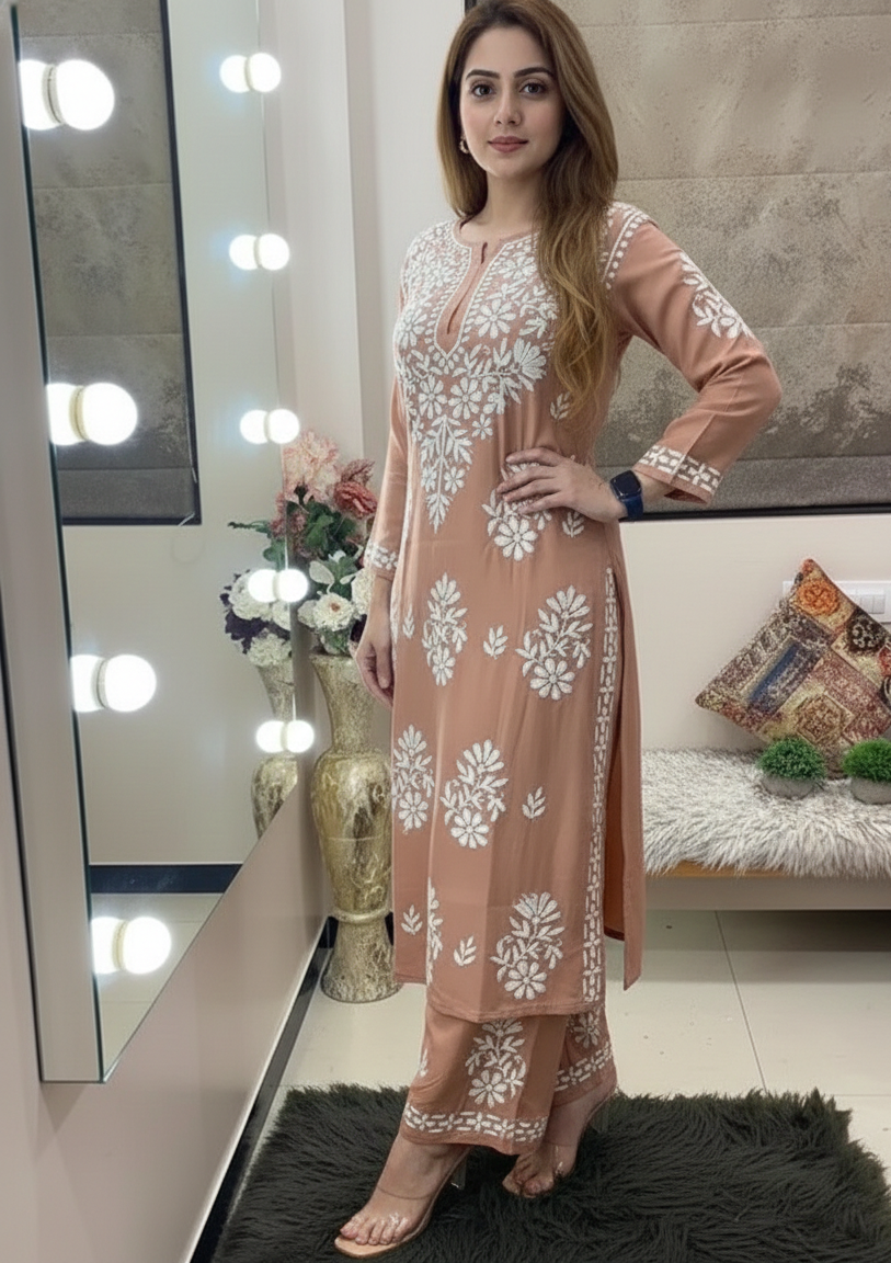 Peach Chikankari Kurti For Women