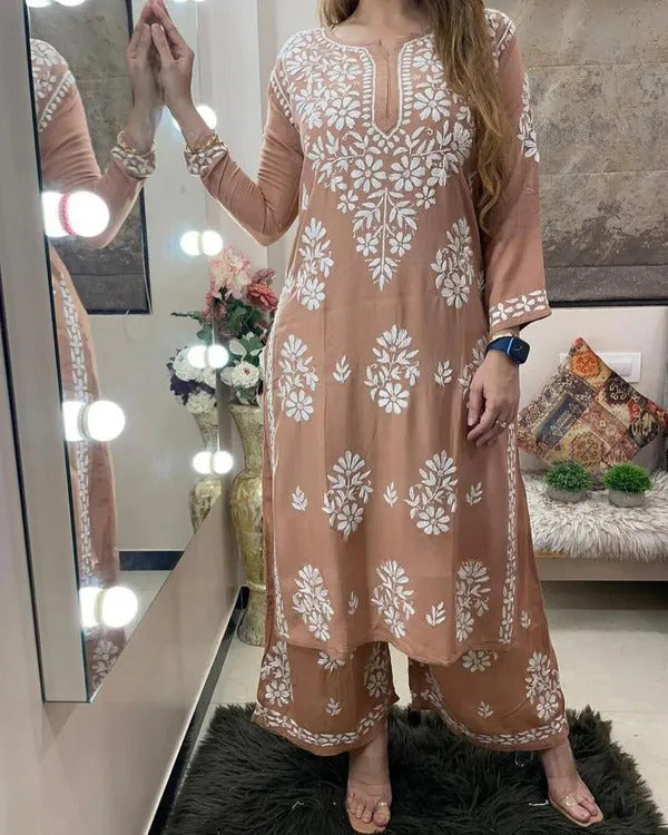 Peach Chikankari Kurti For Women