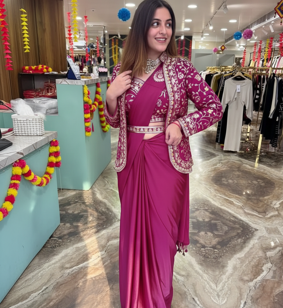 D 54 ✨ Designer Rani Drape Saree with Embroidered Jacket Set ✨💖 Rani Pink