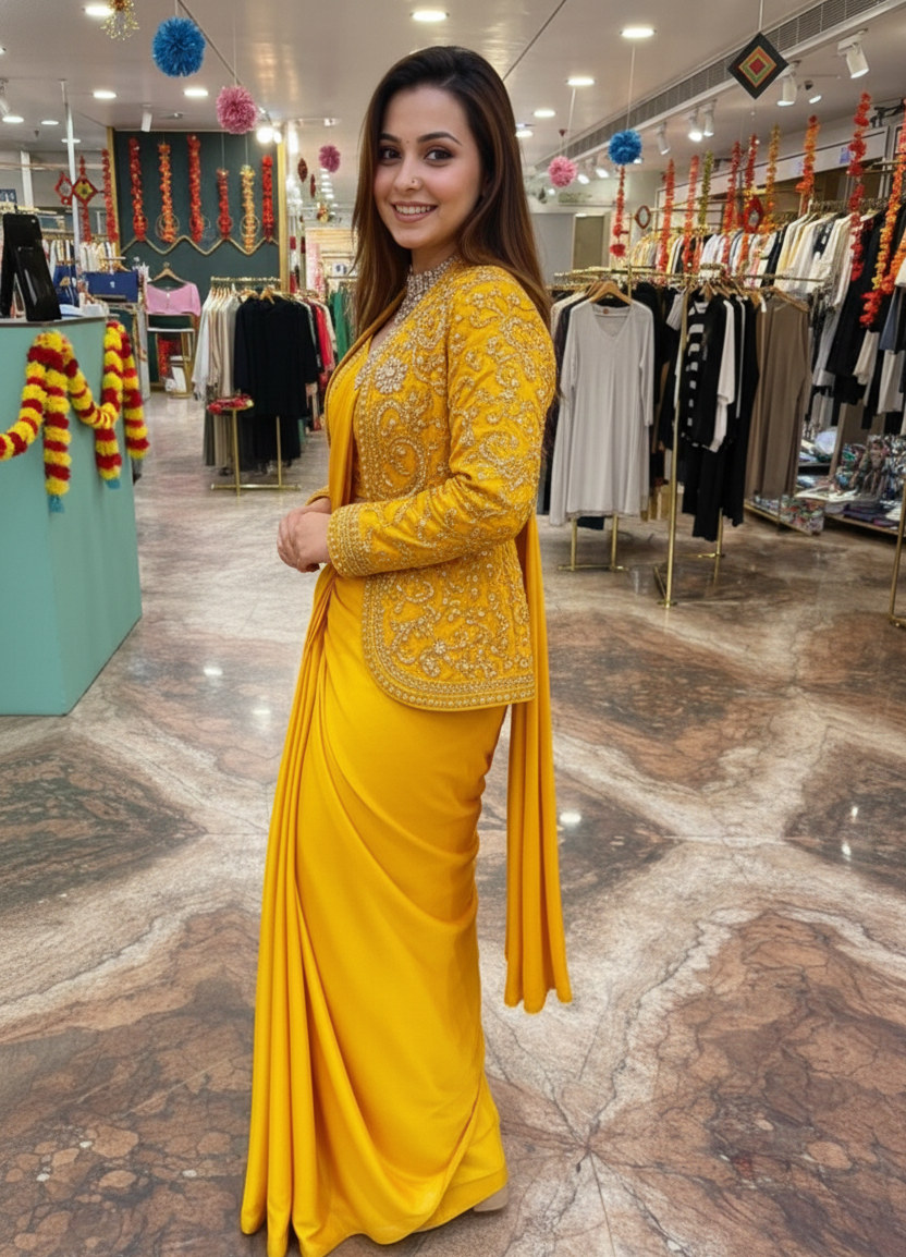 D 53 ✨ Designer Yellow Drape Saree with Embroidered Jacket Set ✨💛 Mustard Yellow