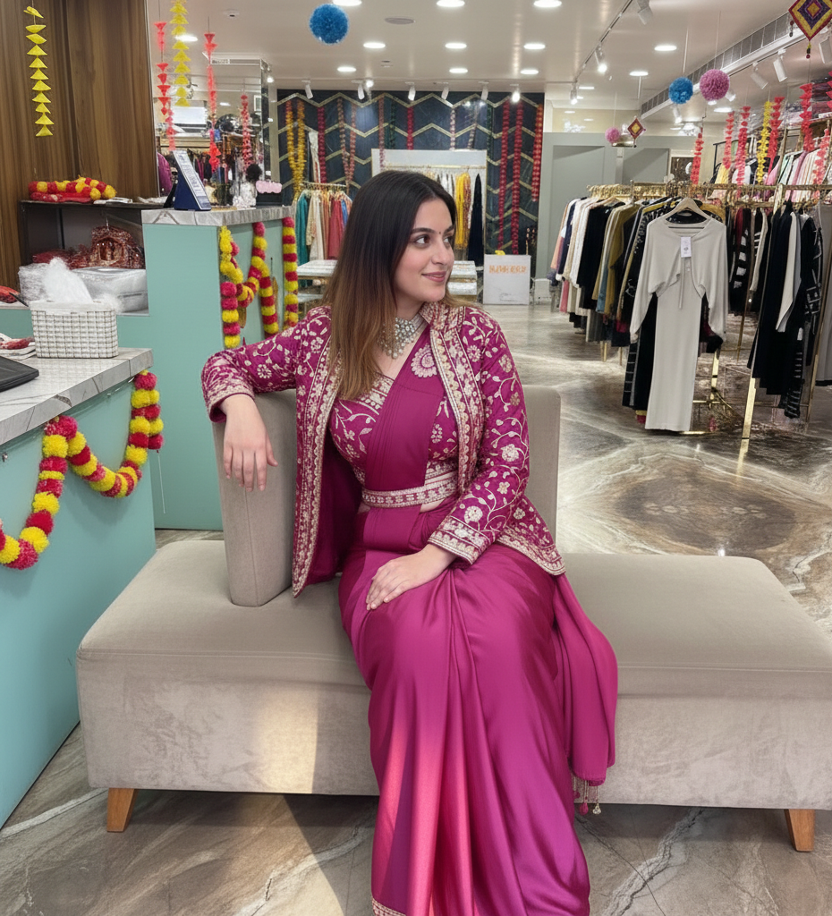 D 54 ✨ Designer Rani Drape Saree with Embroidered Jacket Set ✨💖 Rani Pink