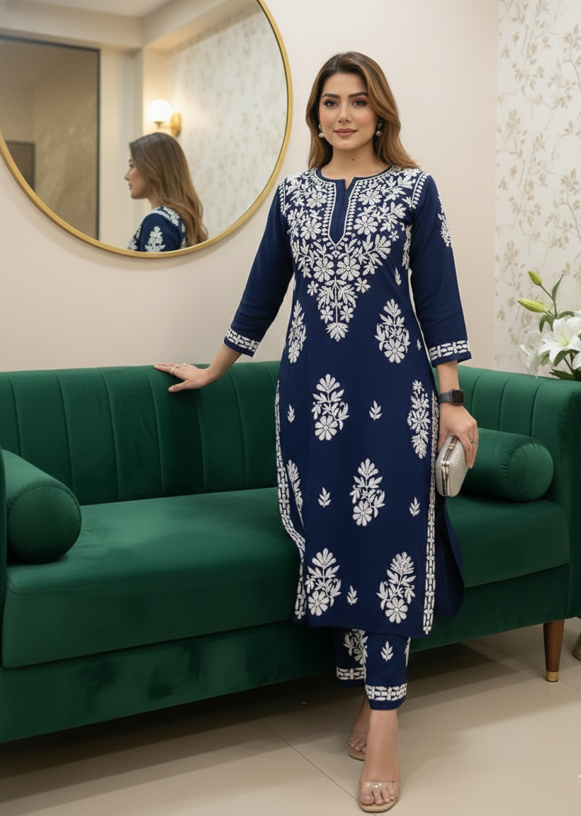 Navy Blue Chikankari Kurti For Women