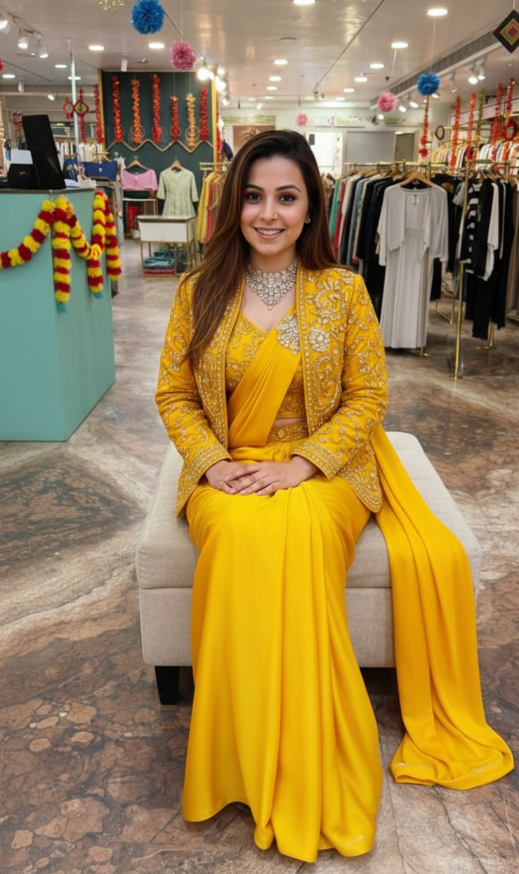 D 53 ✨ Designer Yellow Drape Saree with Embroidered Jacket Set ✨💛 Mustard Yellow