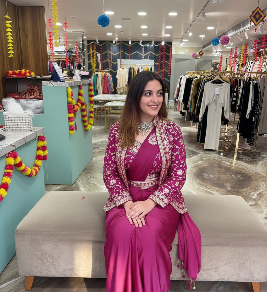 D 54 ✨ Designer Rani Drape Saree with Embroidered Jacket Set ✨💖 Rani Pink