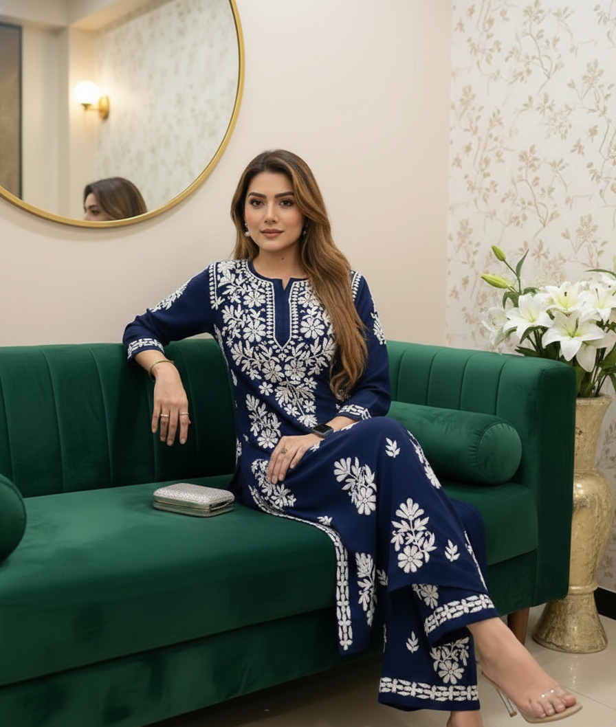 Navy Blue Chikankari Kurti For Women