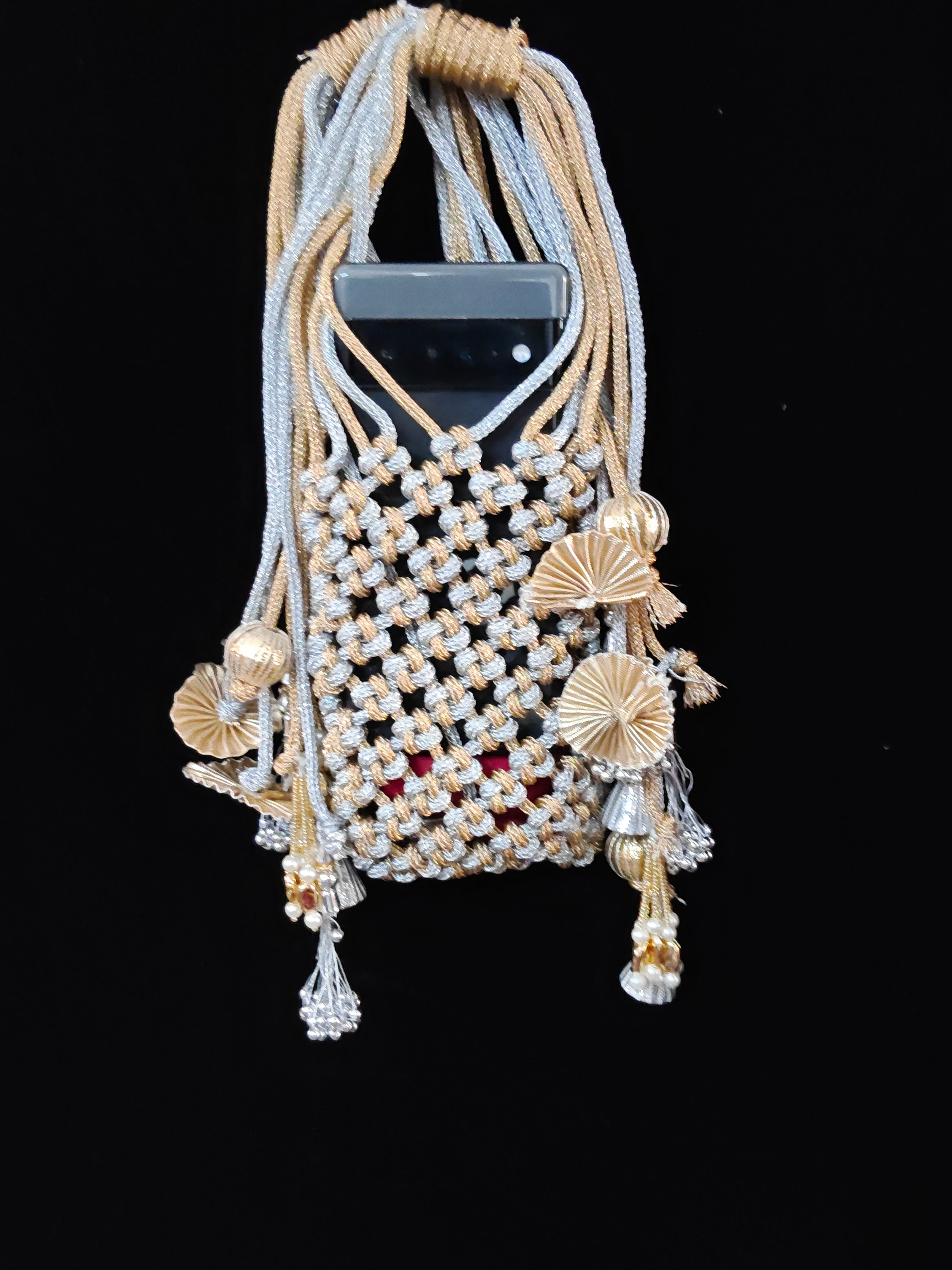D 16 Elegant Handcrafted Potli Purse for Women, Silver & pure Gold Colour.