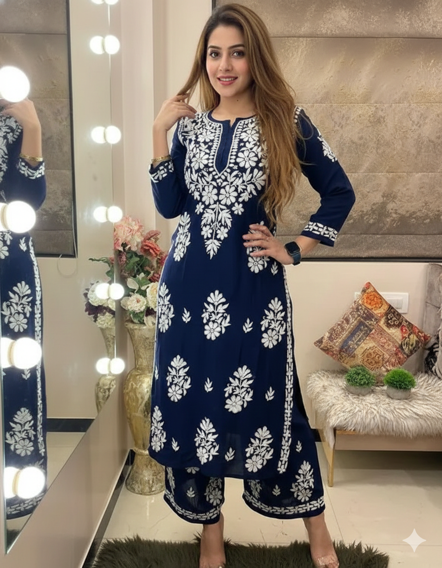 Navy Blue Chikankari Kurti For Women