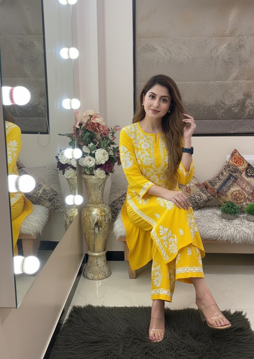 Yellow Chikankari Kurti For Women