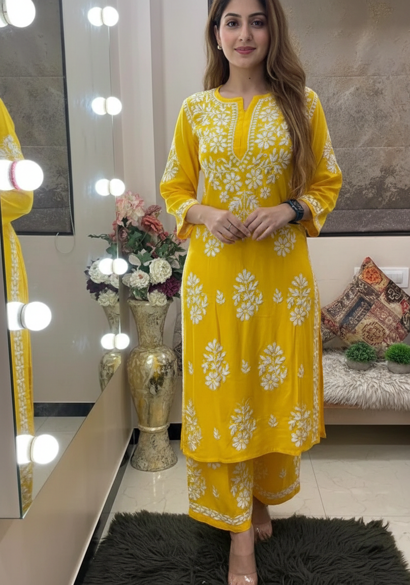 Yellow Chikankari Kurti For Women