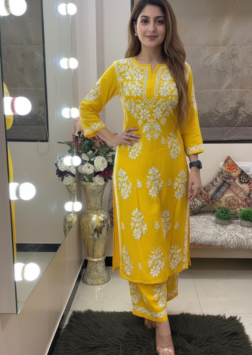 Yellow Chikankari Kurti For Women