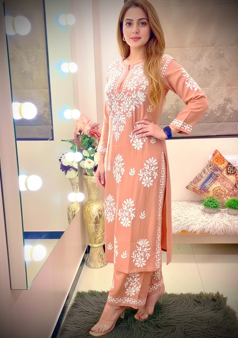 Peach Chikankari Kurti For Women