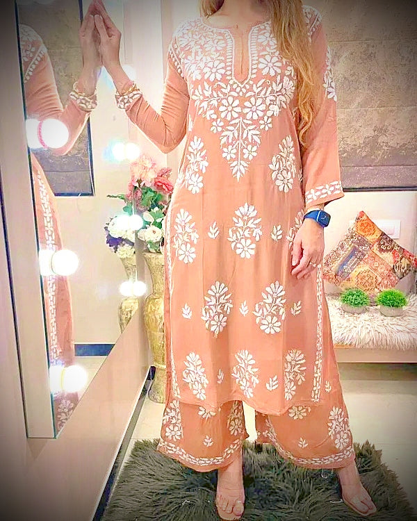 Peach Chikankari Kurti For Women