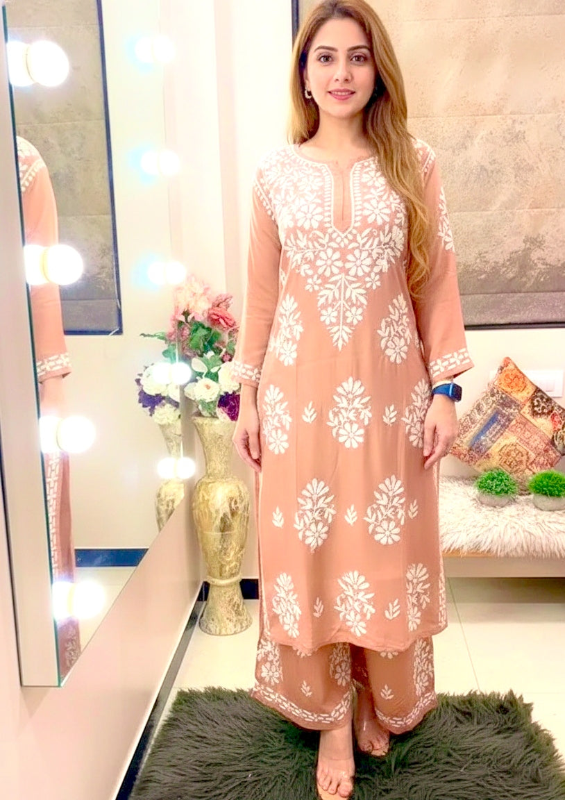 Peach Chikankari Kurti For Women