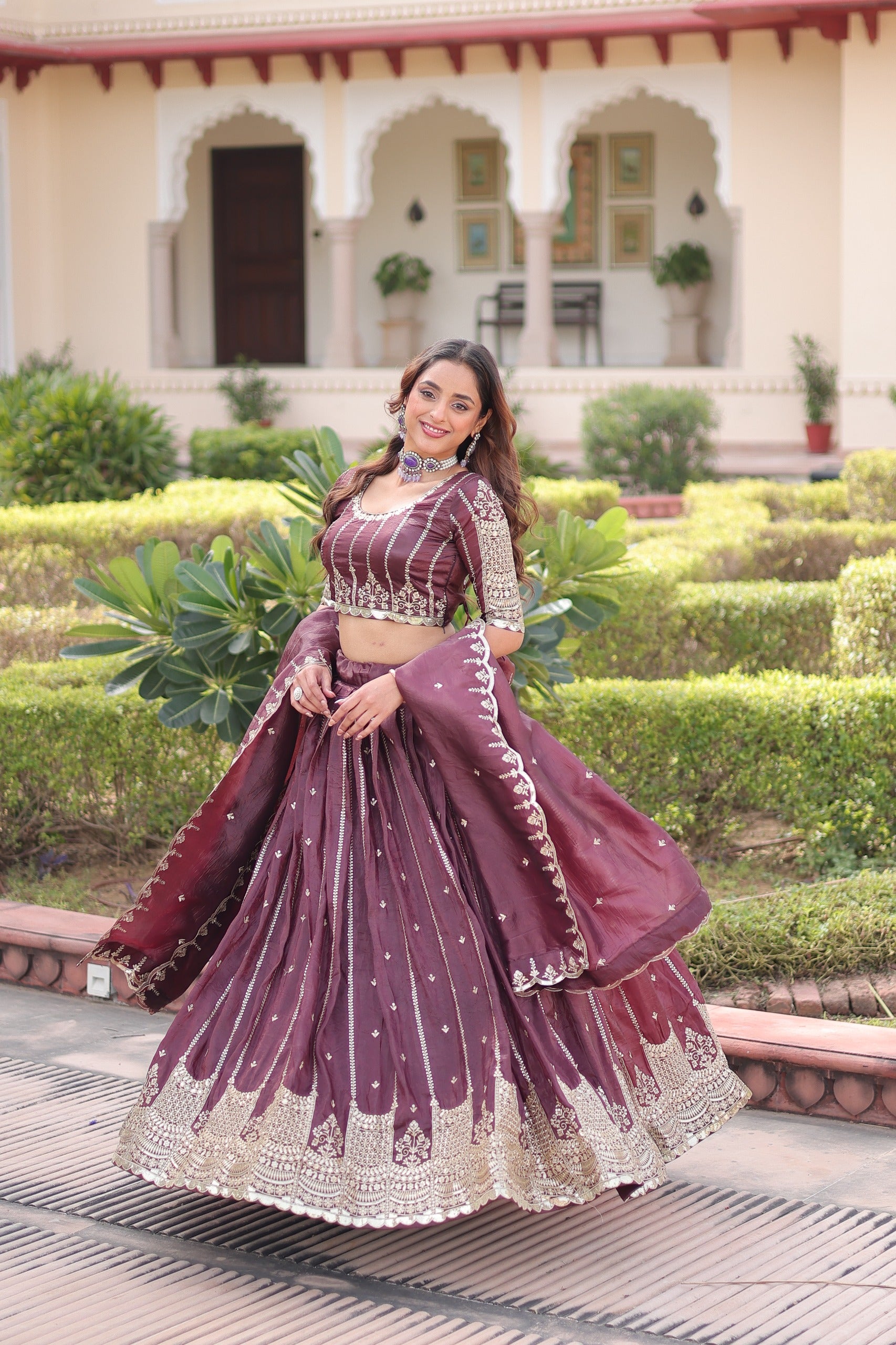 D 42 🤎 Royal Wine Embroidered Lehenga Choli Set 🤎