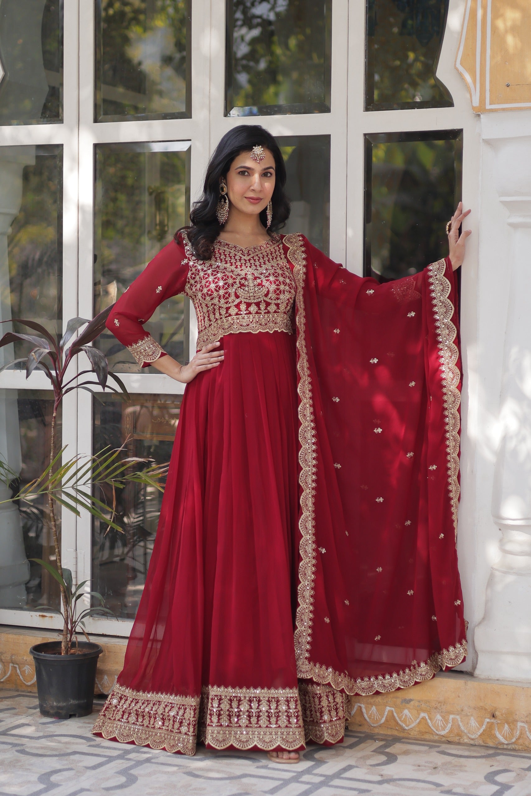 D 38 ❤️ Royal Red Embroidered Anarkali Gown with Dupatta ❤️