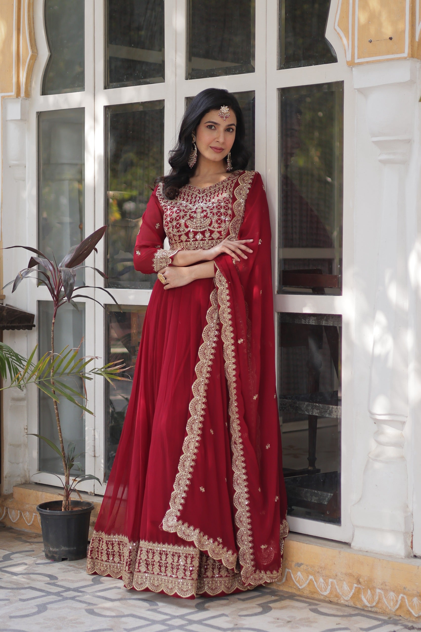 D 38 ❤️ Royal Red Embroidered Anarkali Gown with Dupatta ❤️