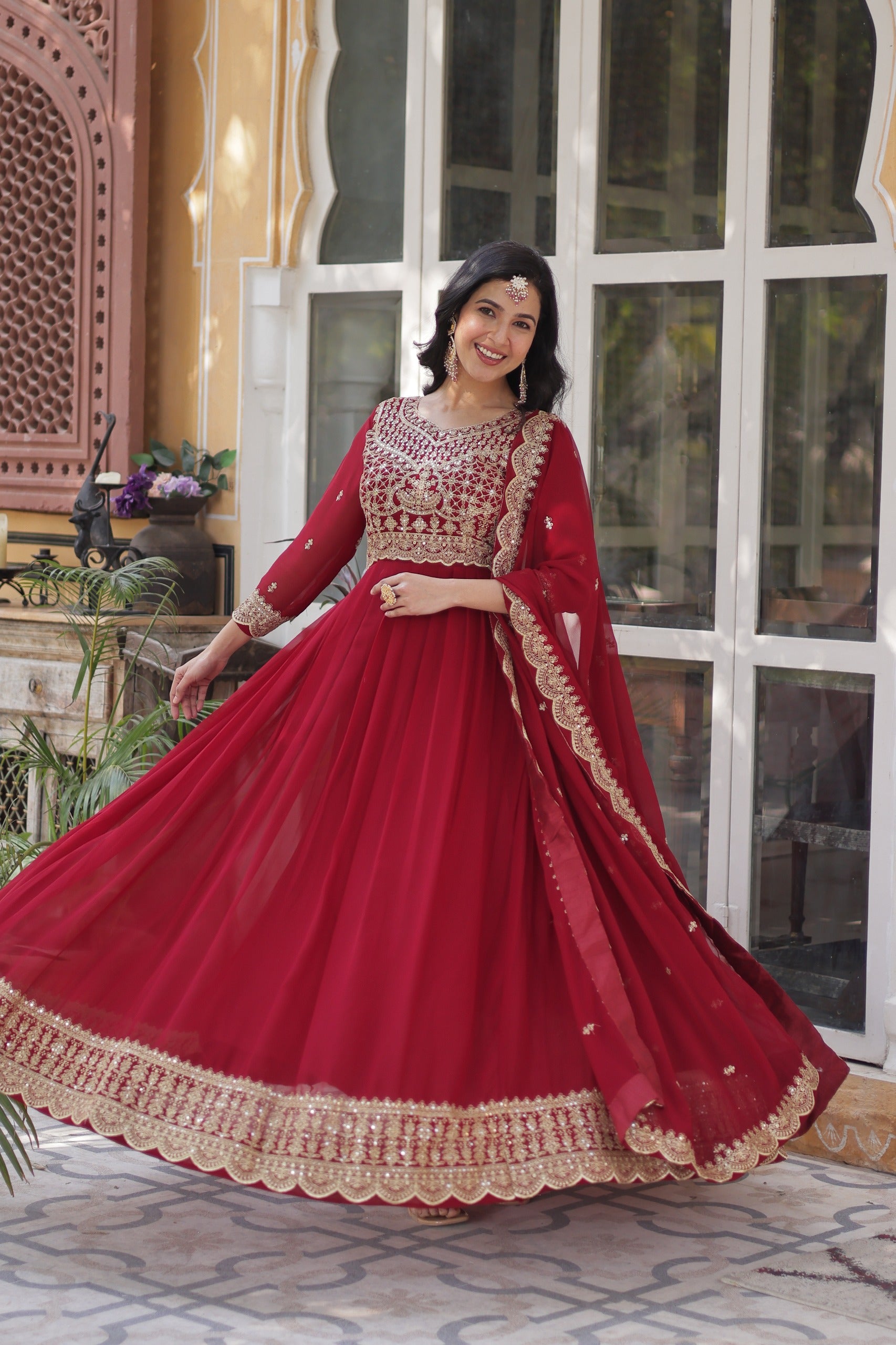 D 38 ❤️ Royal Red Embroidered Anarkali Gown with Dupatta ❤️