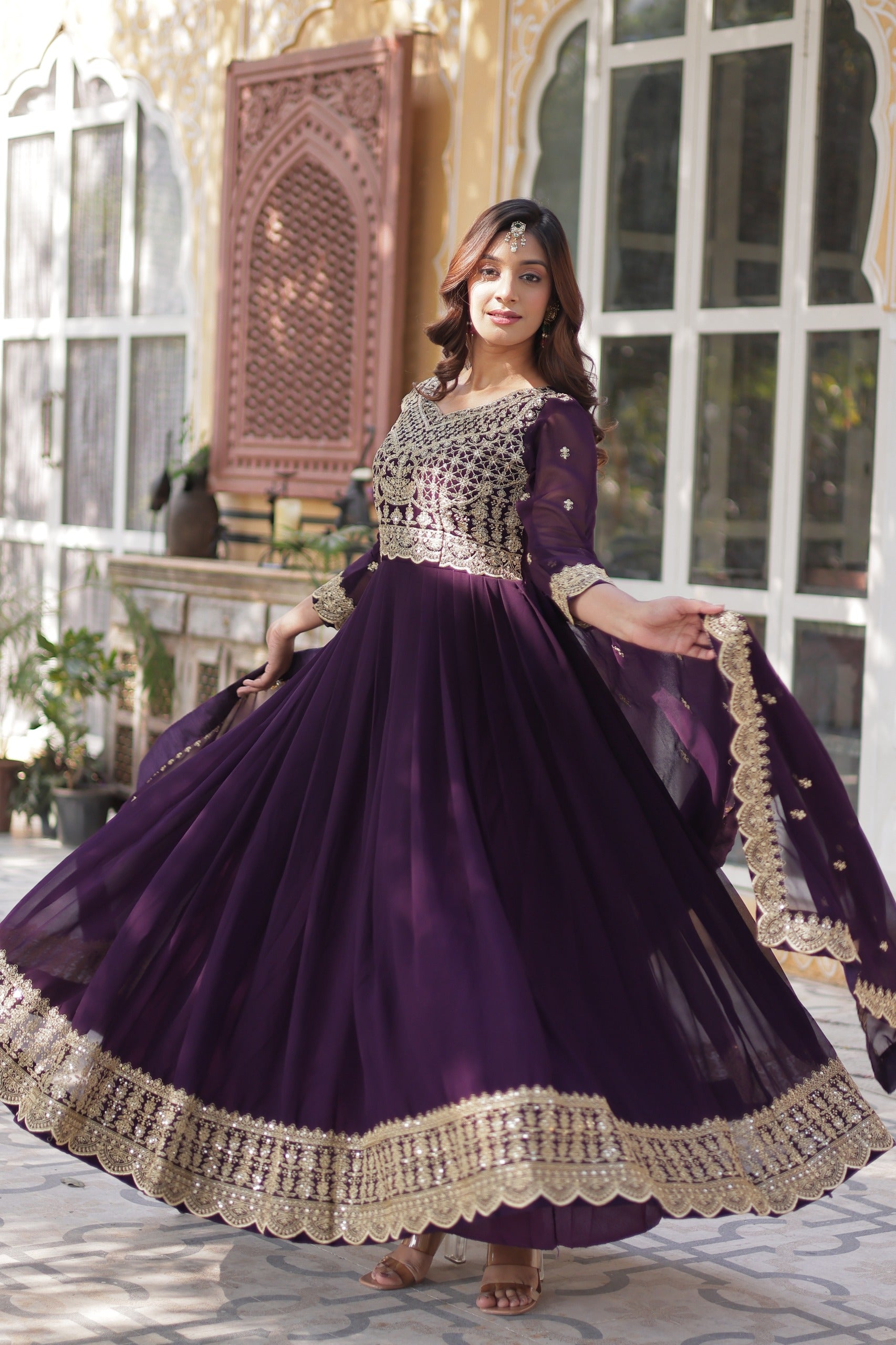 D 39 💜 Royal Purple Embroidered Anarkali Gown Set 💜