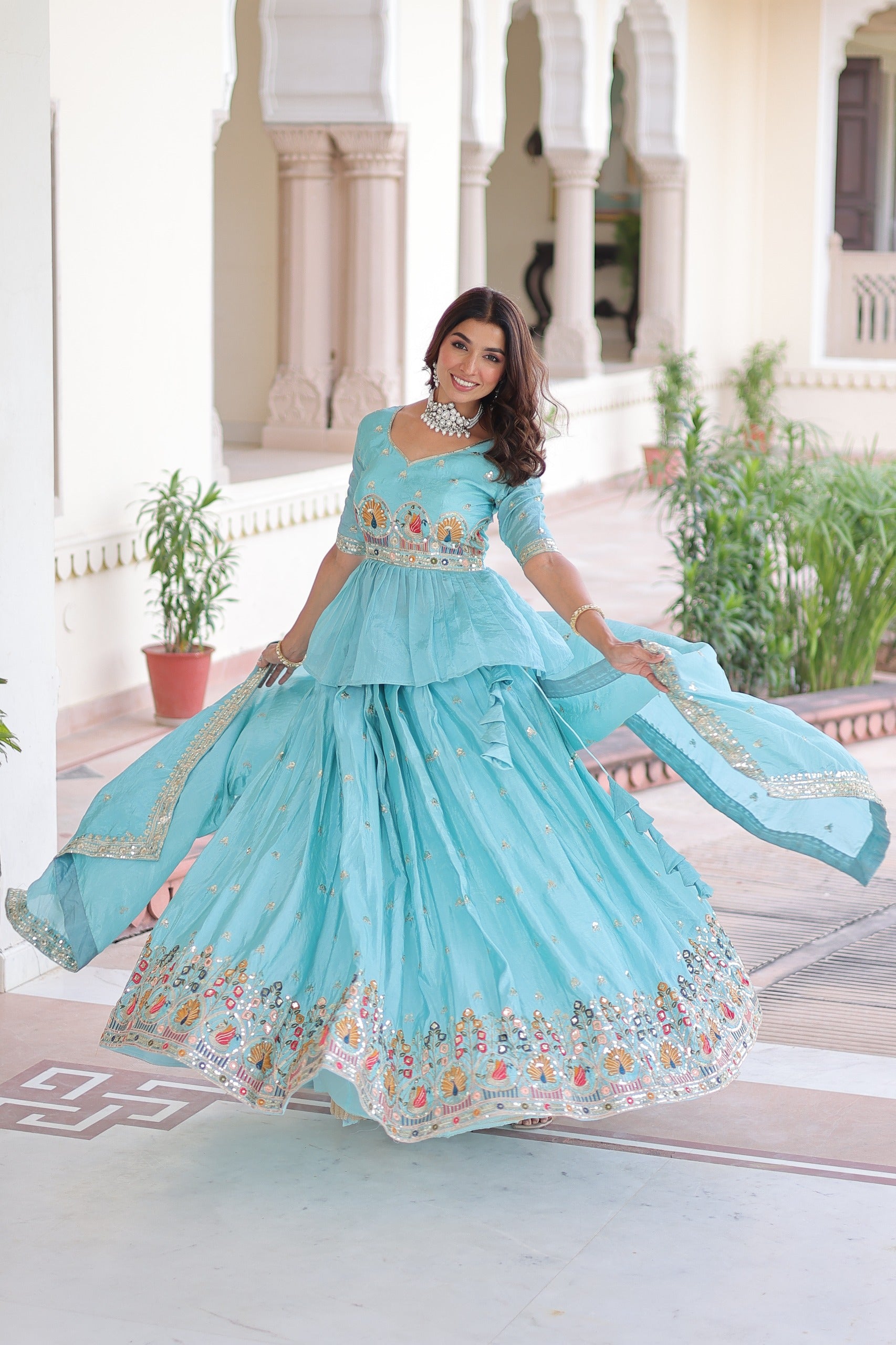 D 40 💙 Elegant Sky Blue Embroidered Lehenga Choli Set 💙