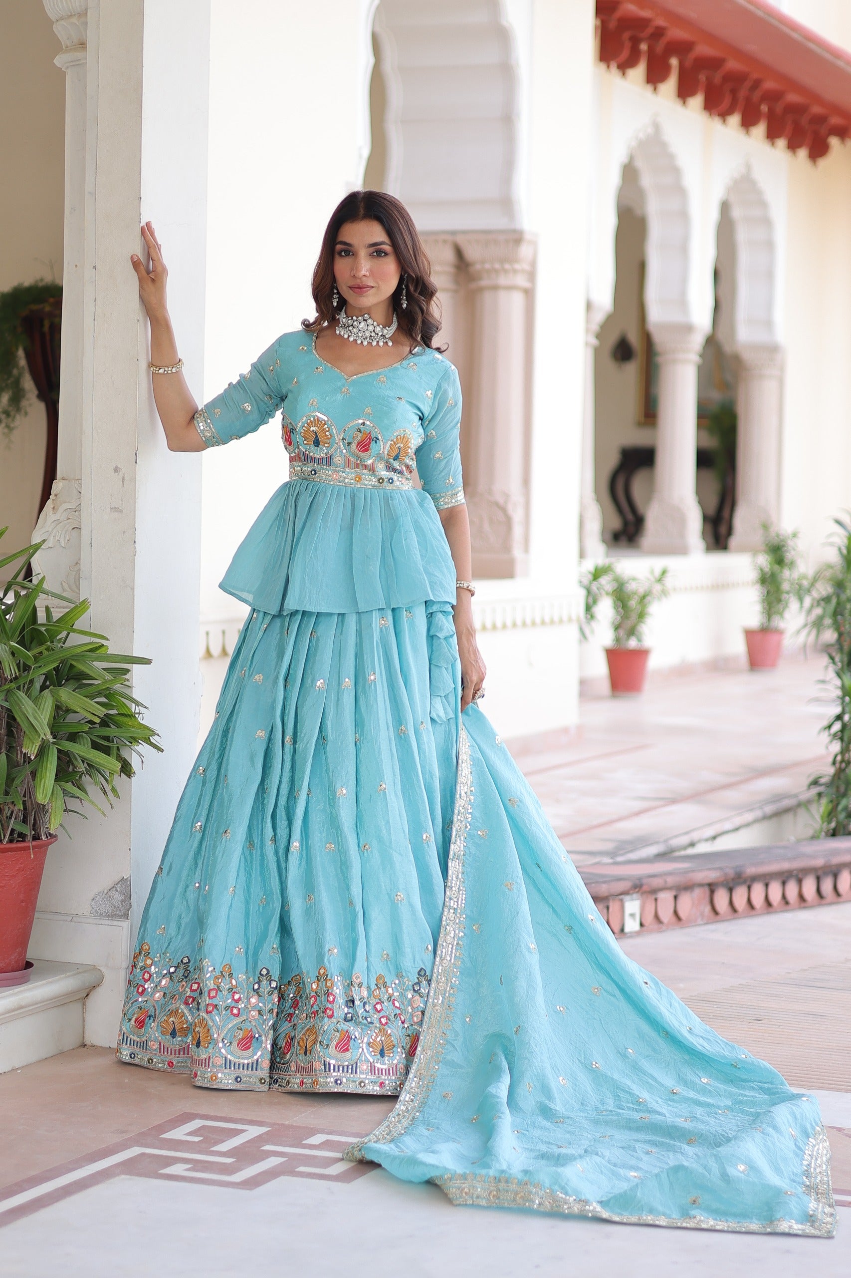 D 40 💙 Elegant Sky Blue Embroidered Lehenga Choli Set 💙