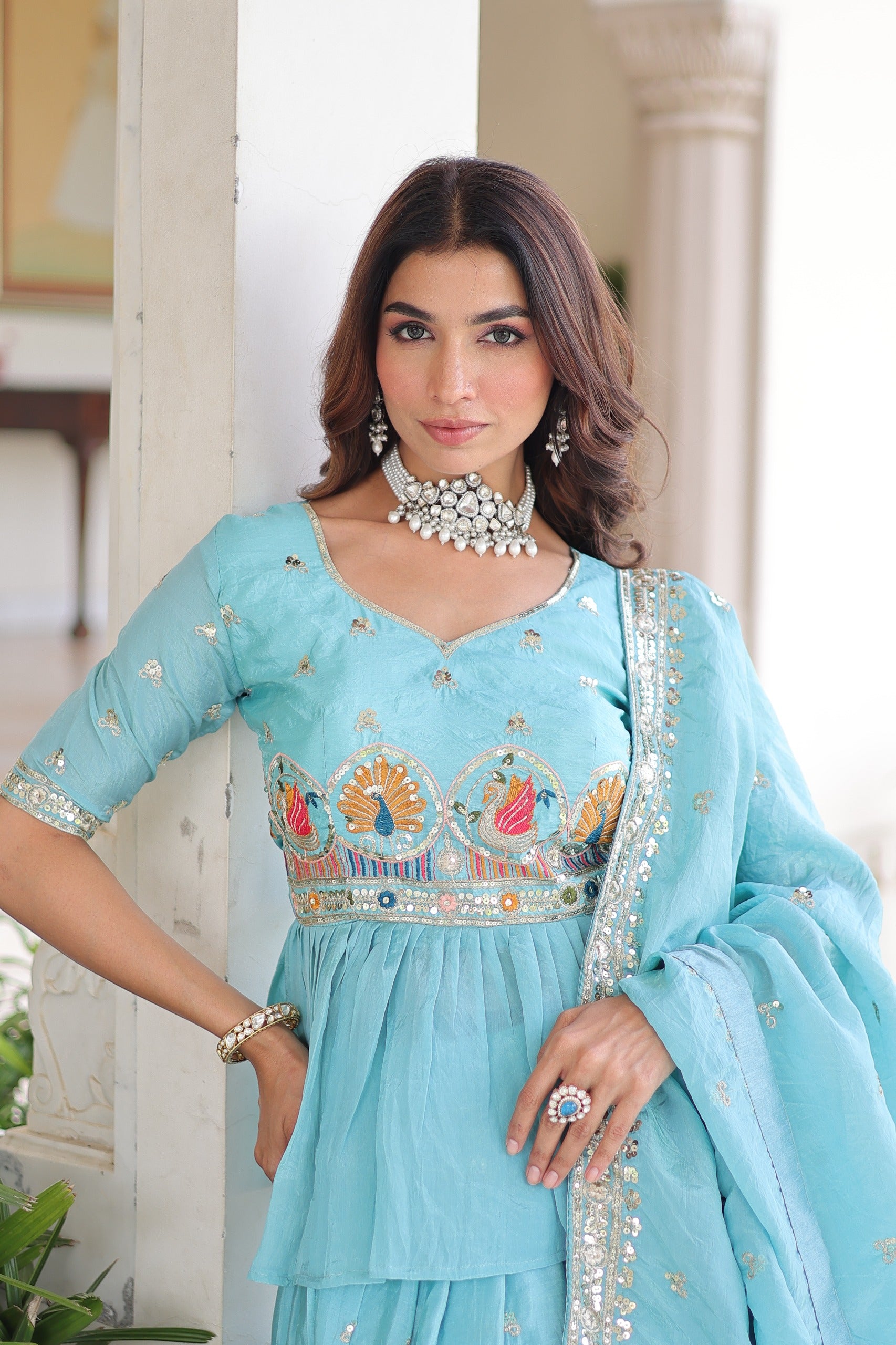 D 40 💙 Elegant Sky Blue Embroidered Lehenga Choli Set 💙