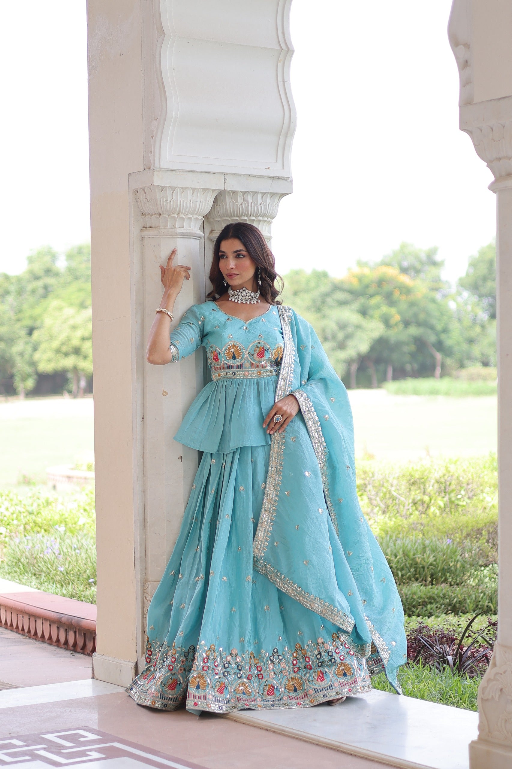 D 40 💙 Elegant Sky Blue Embroidered Lehenga Choli Set 💙