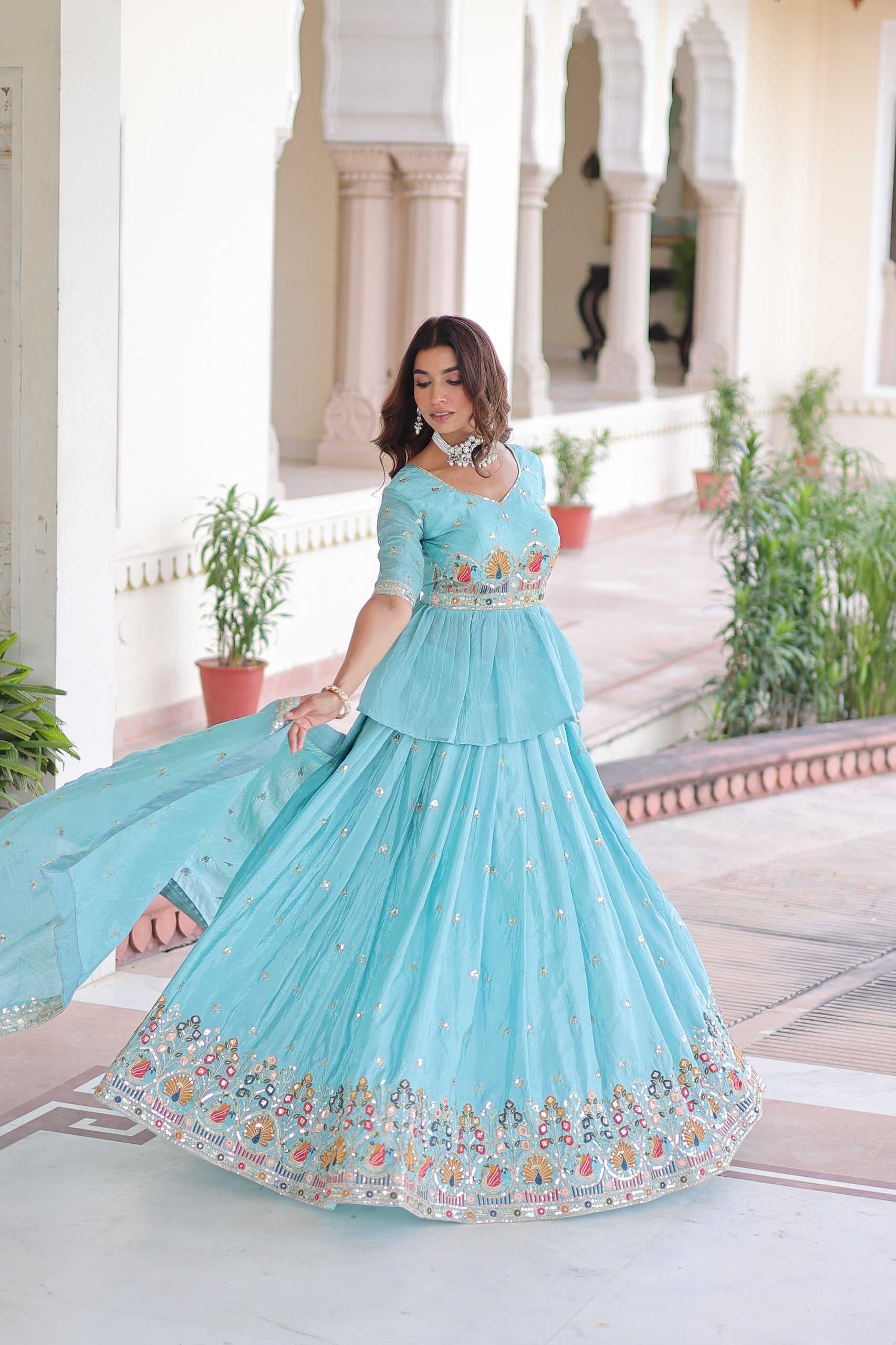 D 40 💙 Elegant Sky Blue Embroidered Lehenga Choli Set 💙
