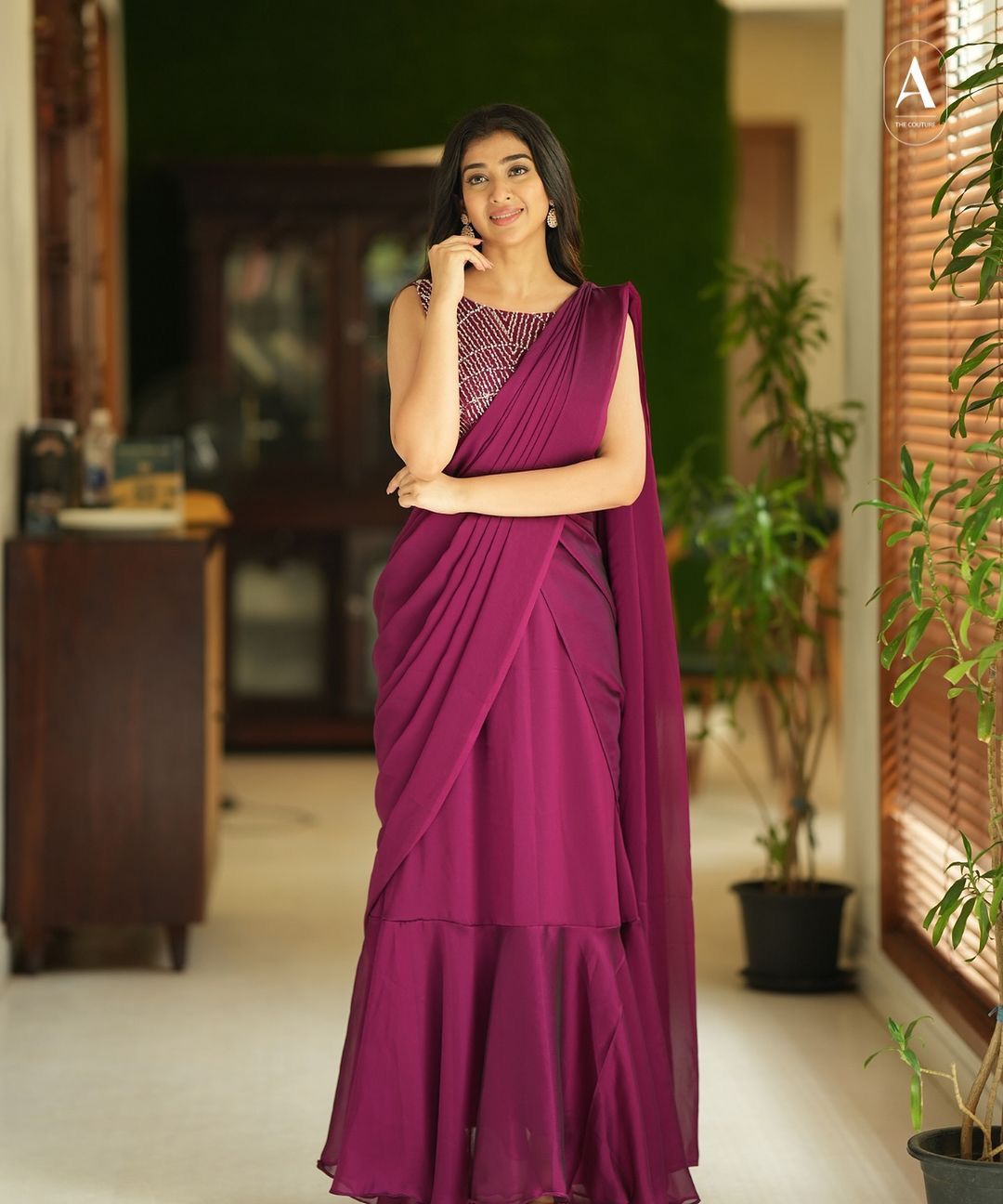 D 36 Elegant Wine Ready-to-Wear Gown Saree.