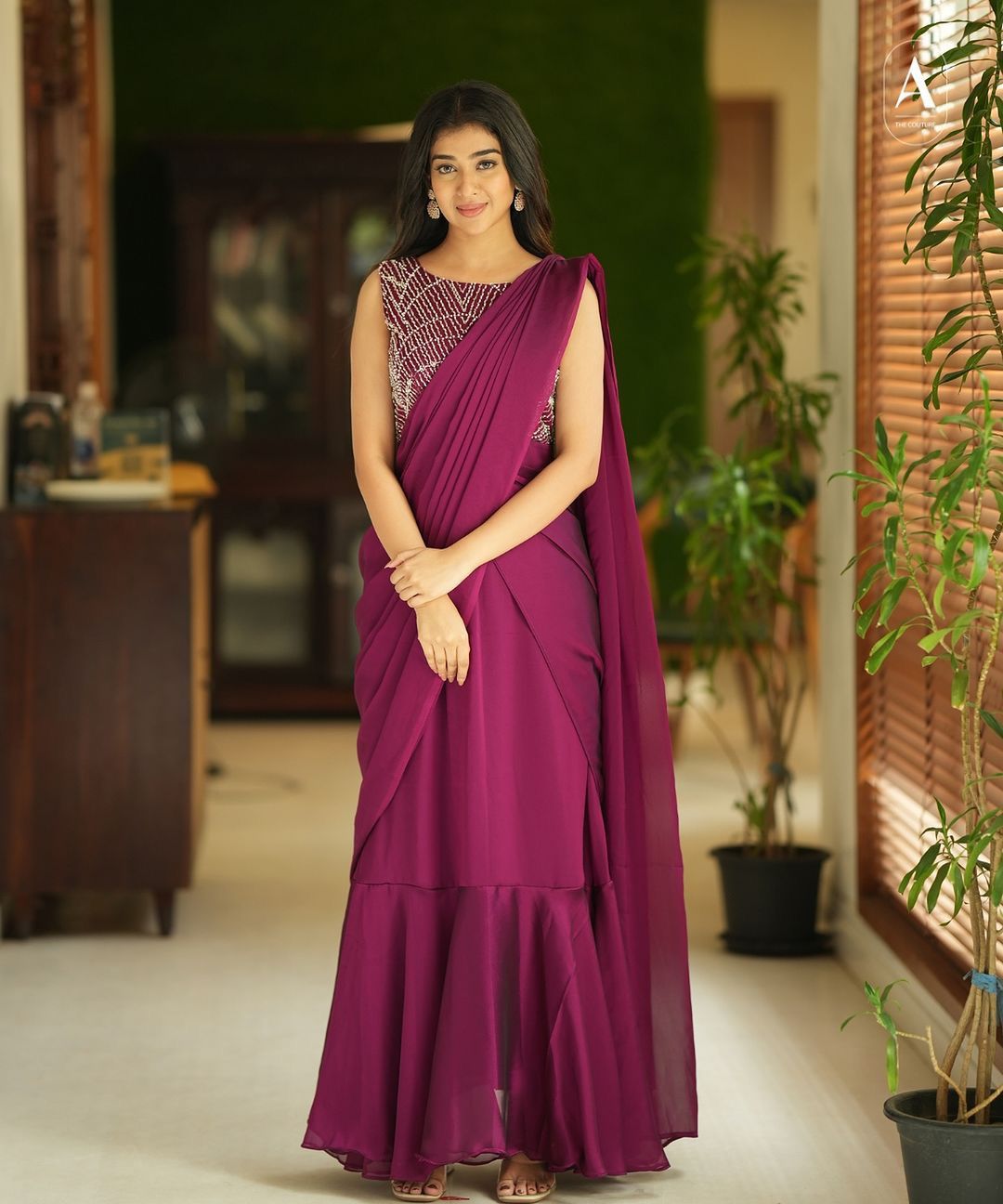 D 36 Elegant Wine Ready-to-Wear Gown Saree.