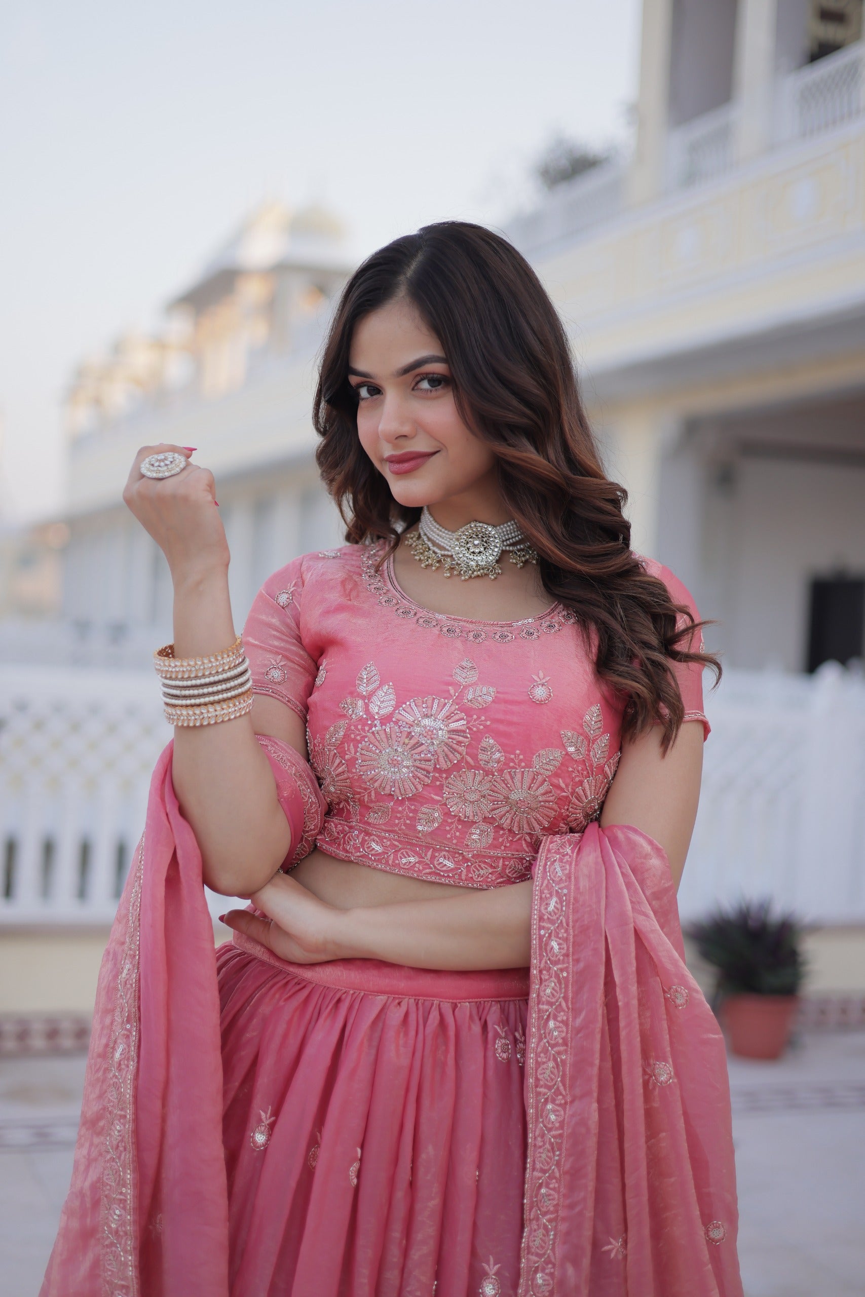 D 37 🌸 Elegant Pink Embroidered Lehenga Choli Set 🌸