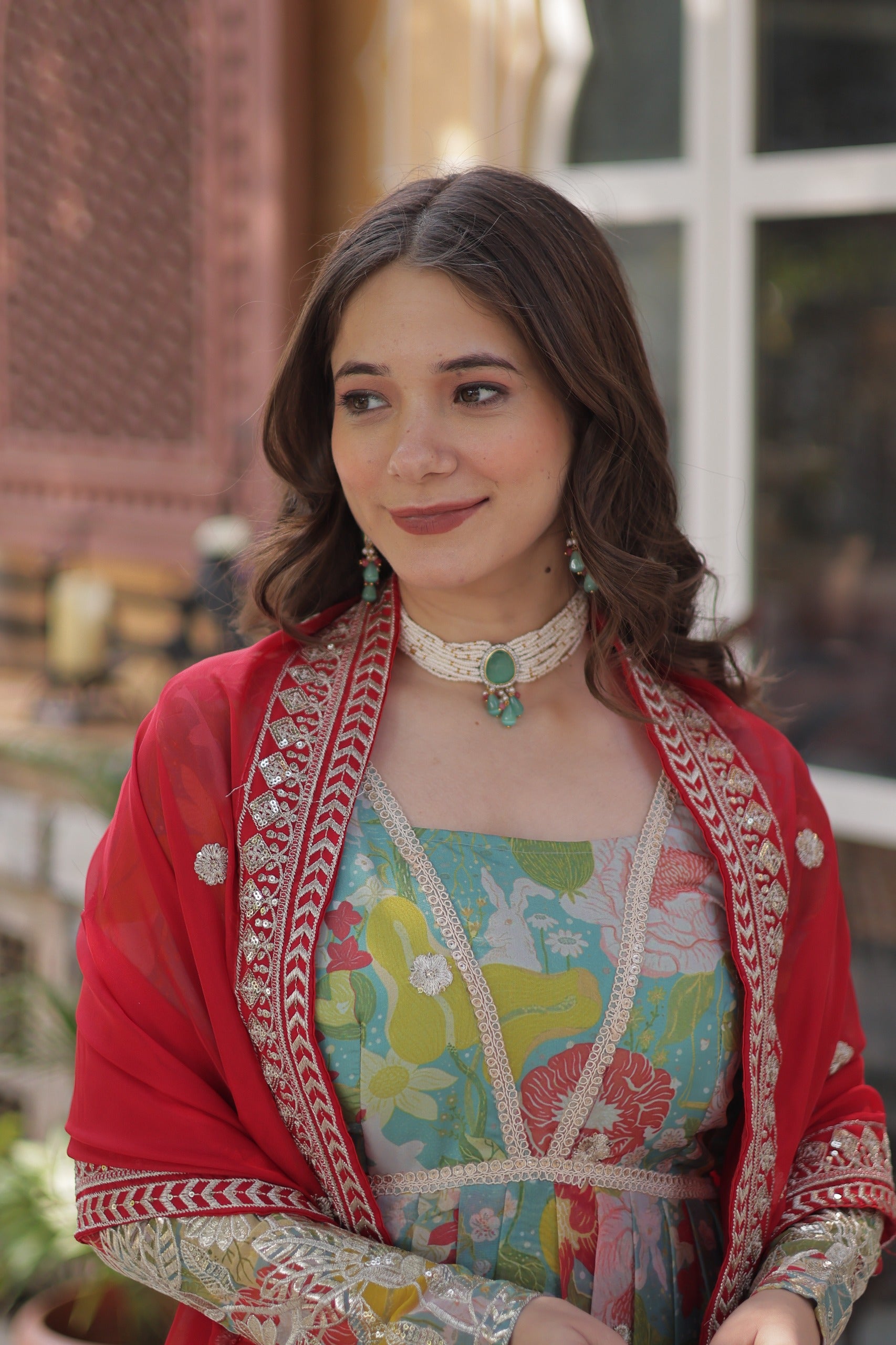 D 65 ✨ Elegant Floral Anarkali Gown with Red Dupatta ✨