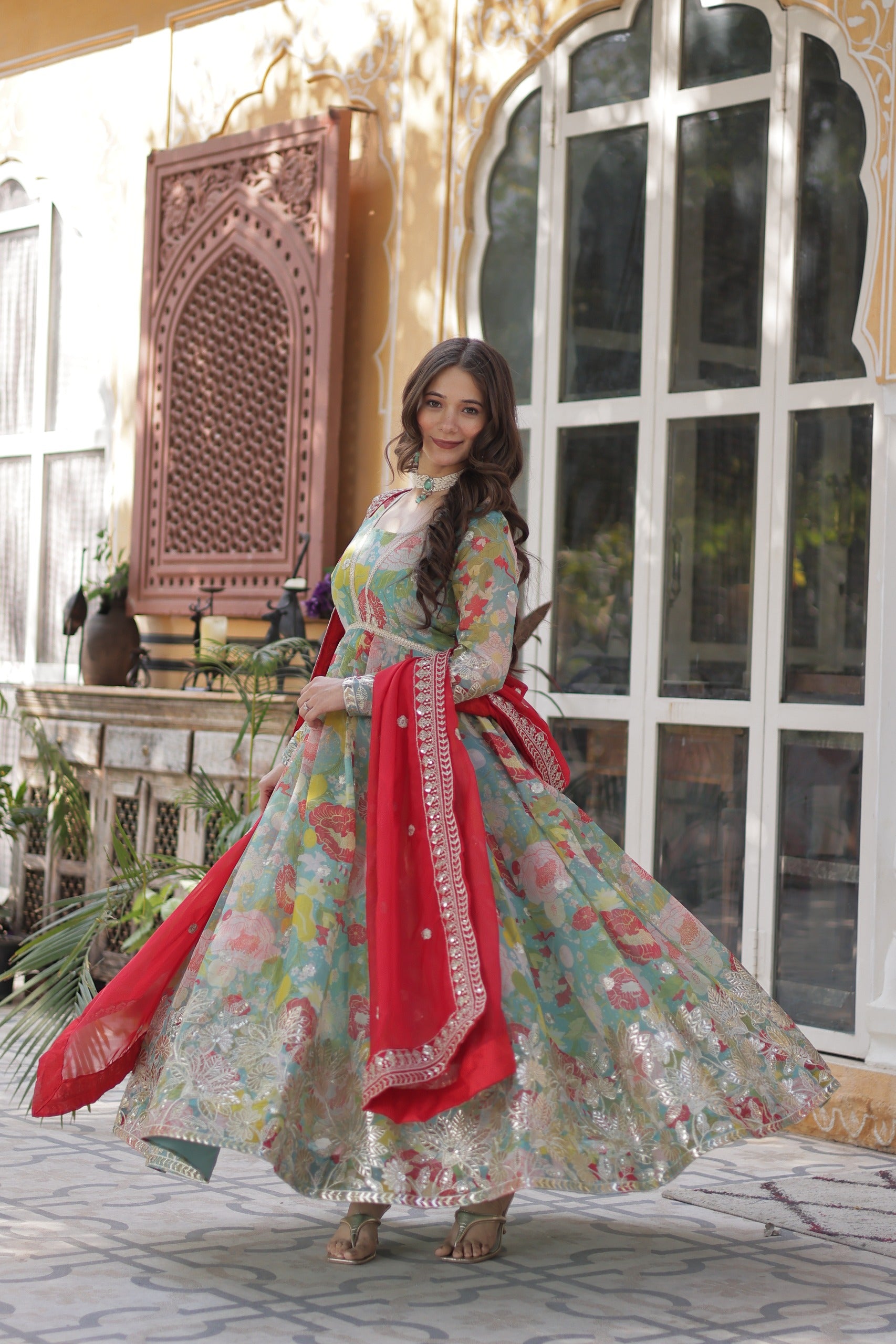 D 65 ✨ Elegant Floral Anarkali Gown with Red Dupatta ✨