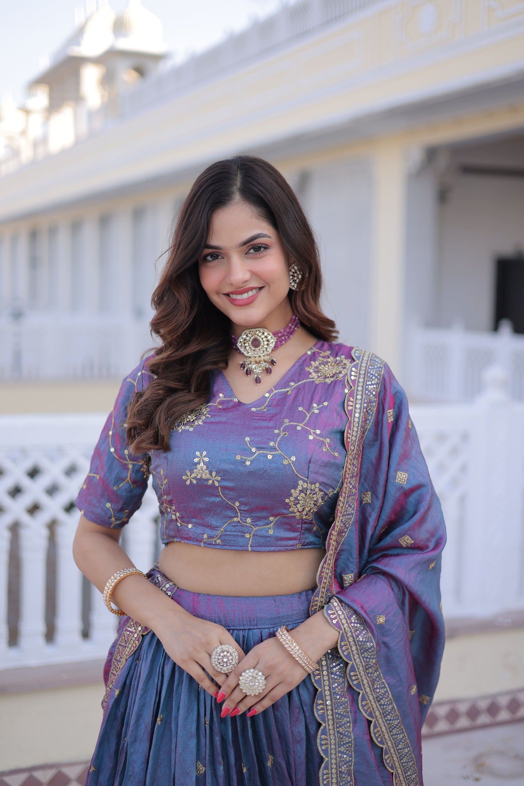 D 67     💜 Royal Lavender &amp; Blue Embroidered Lehenga Set 💜