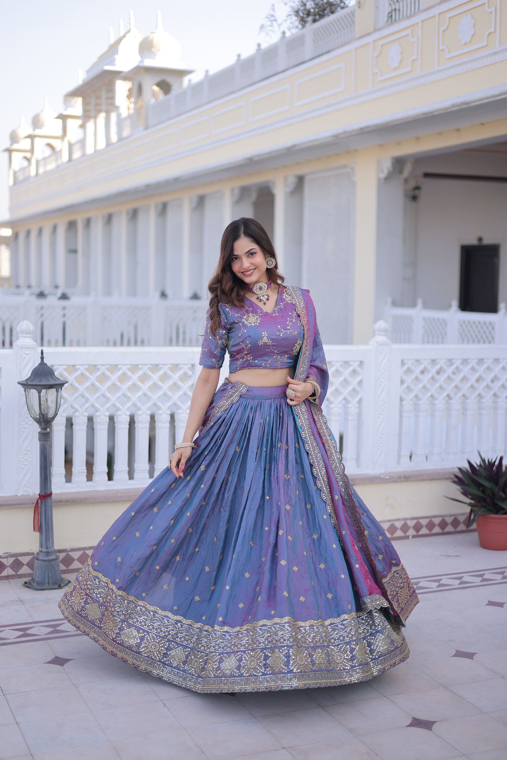 D 67     💜 Royal Lavender &amp; Blue Embroidered Lehenga Set 💜