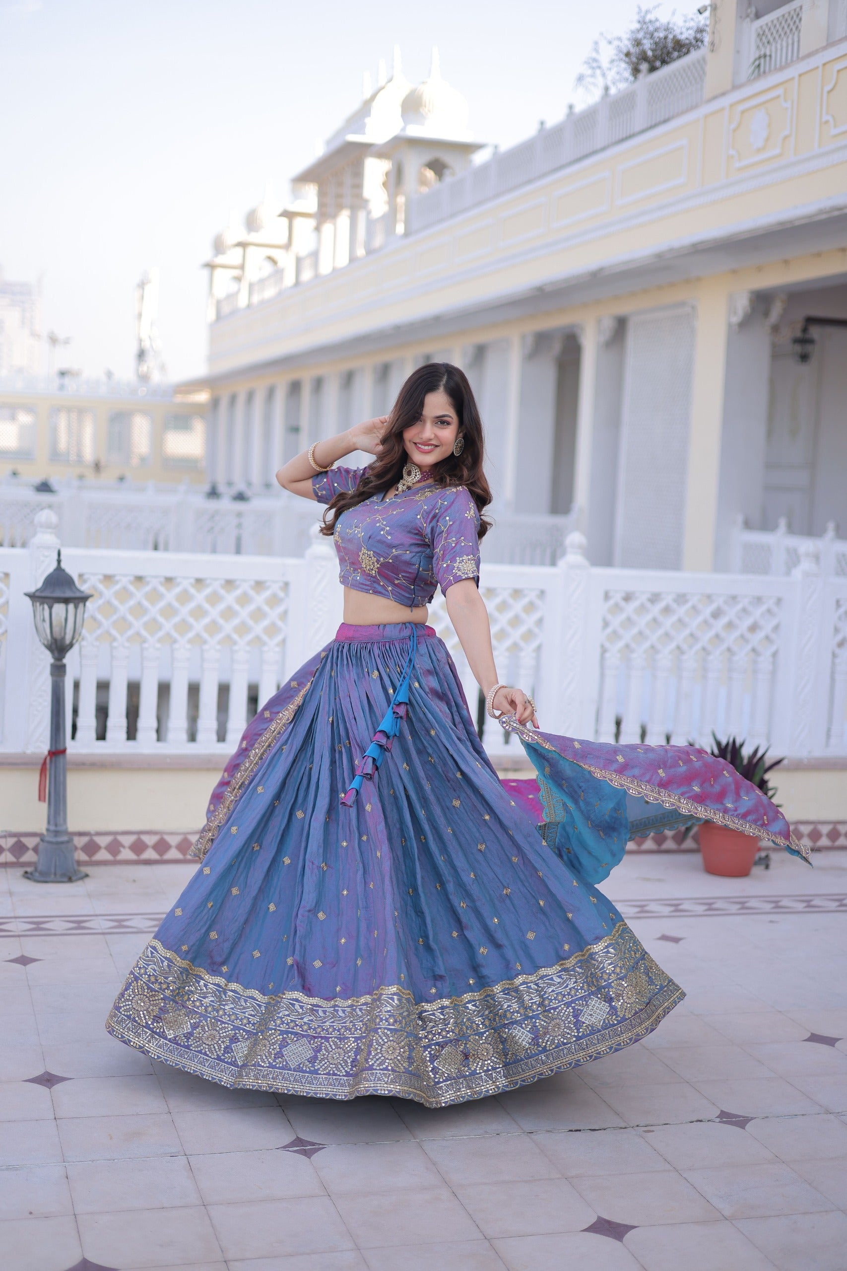 D 67     💜 Royal Lavender &amp; Blue Embroidered Lehenga Set 💜