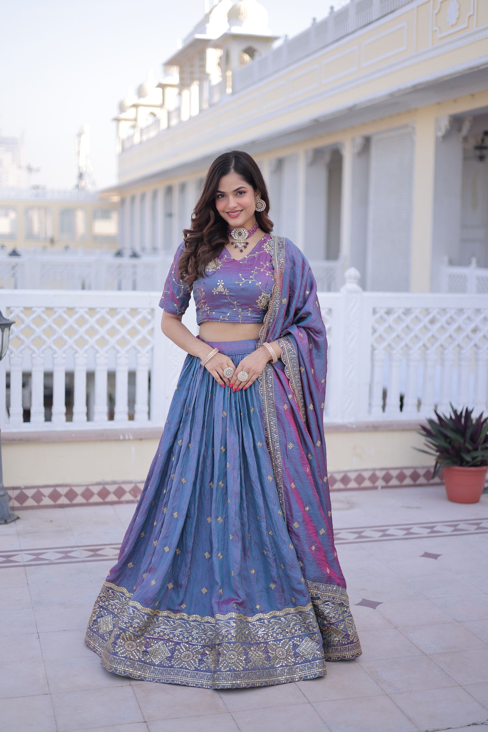 D 67     💜 Royal Lavender &amp; Blue Embroidered Lehenga Set 💜