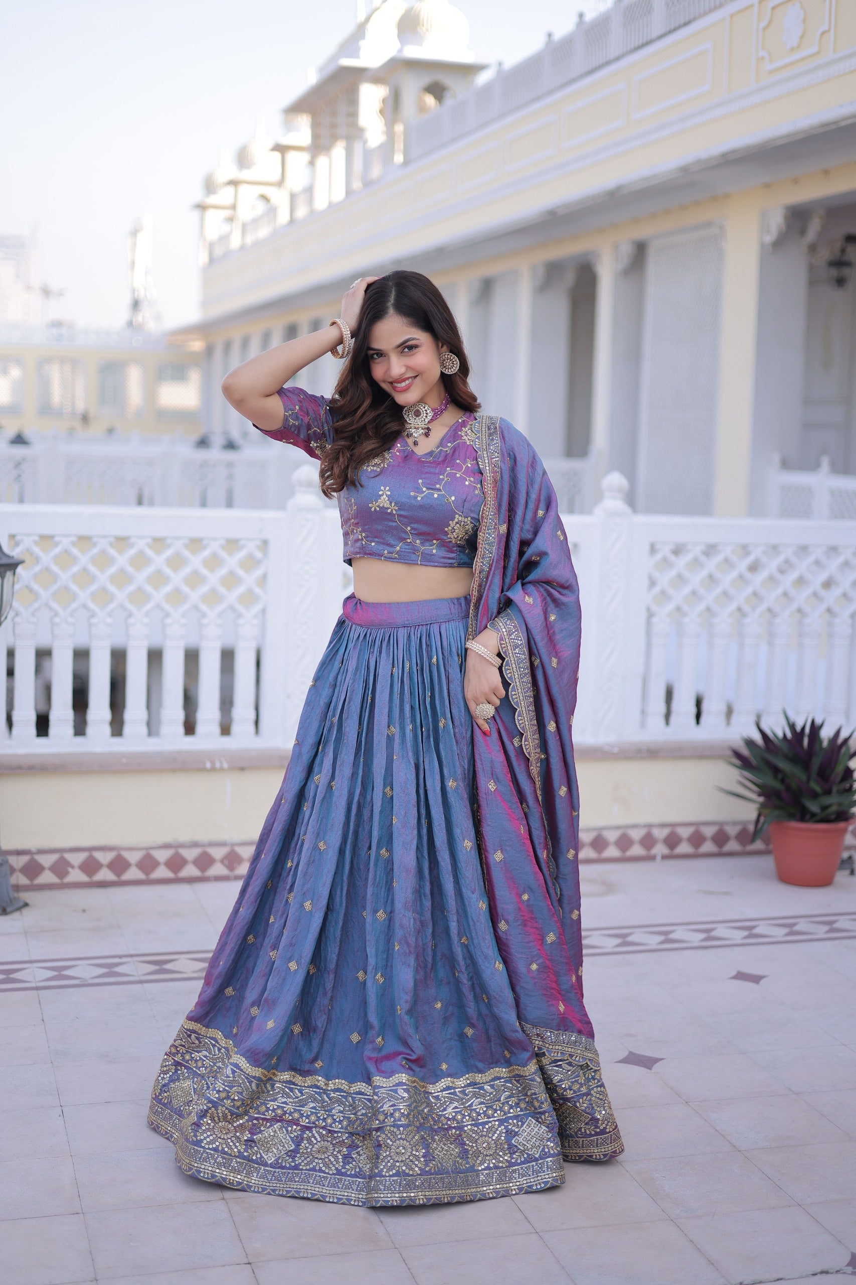 D 67     💜 Royal Lavender &amp; Blue Embroidered Lehenga Set 💜