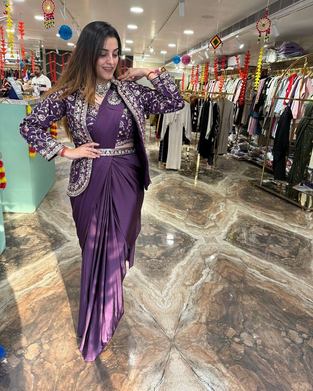 D 49 ✨ Designer Purple Drape Saree with Embroidered Jacket Set ✨💜 Purple (Royal Plum)