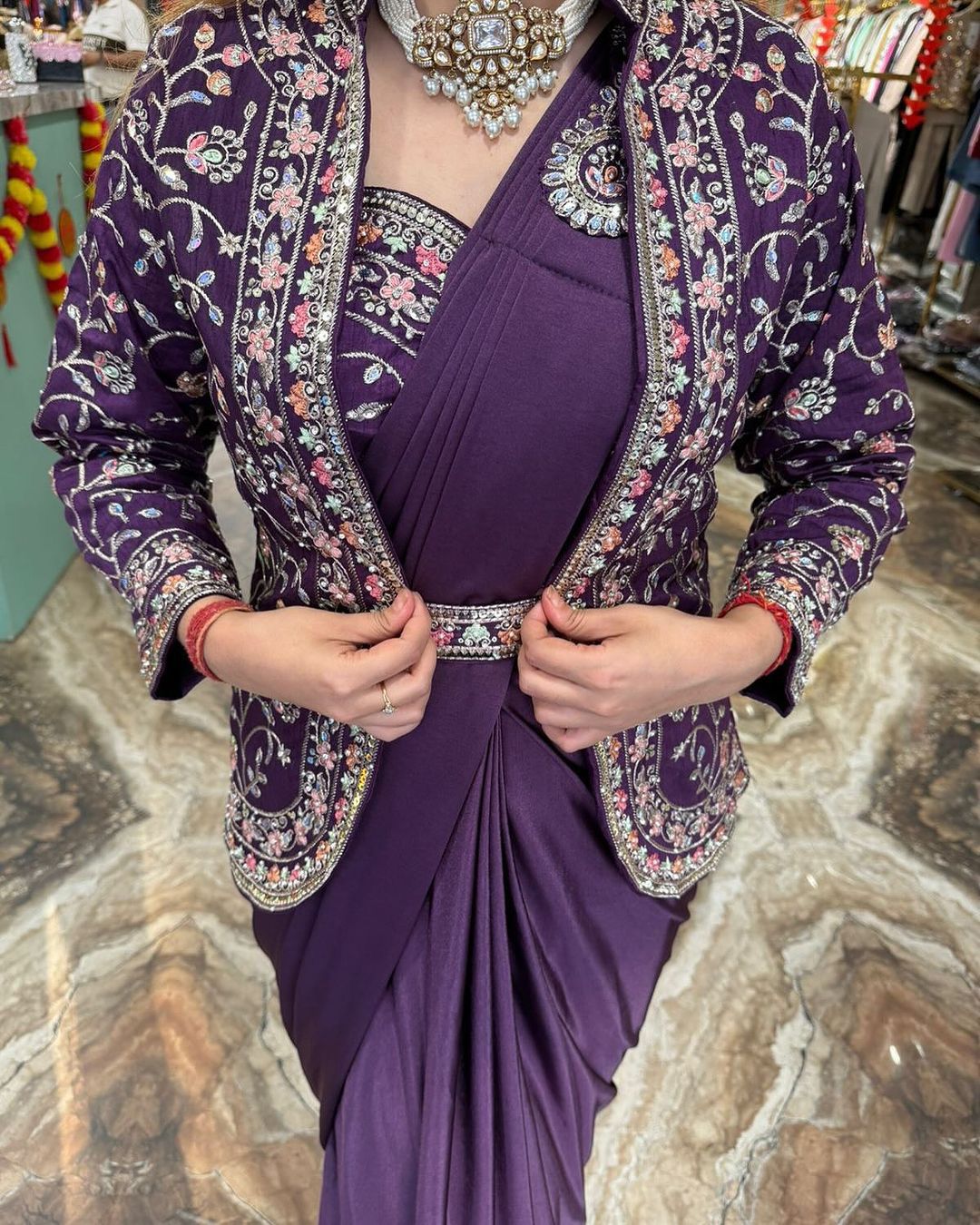 D 49 ✨ Designer Purple Drape Saree with Embroidered Jacket Set ✨💜 Purple (Royal Plum)