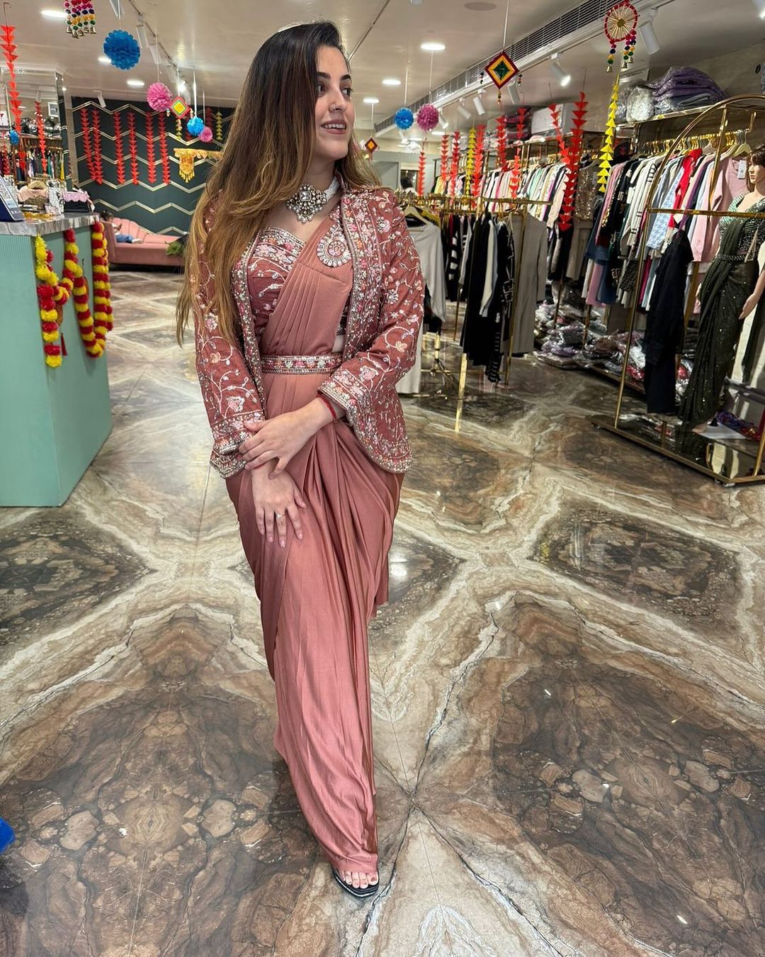 D 50 ✨ Designer Peach Drape Saree with Embroidered Jacket Set ✨🌸 Blush Peach