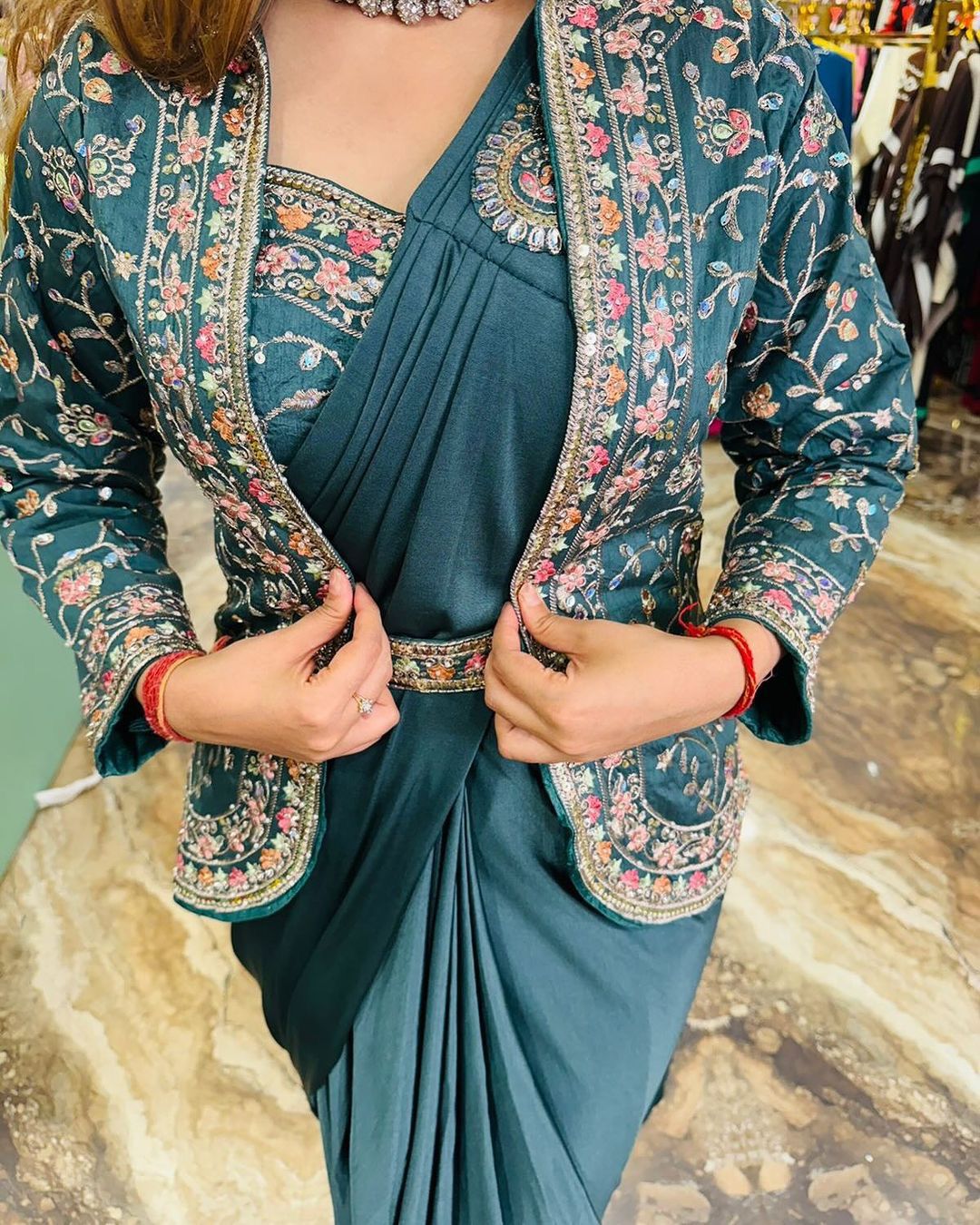 D 51 ✨ Designer Morpich Drape Saree with Embroidered Jacket Set ✨💚 Teal Green