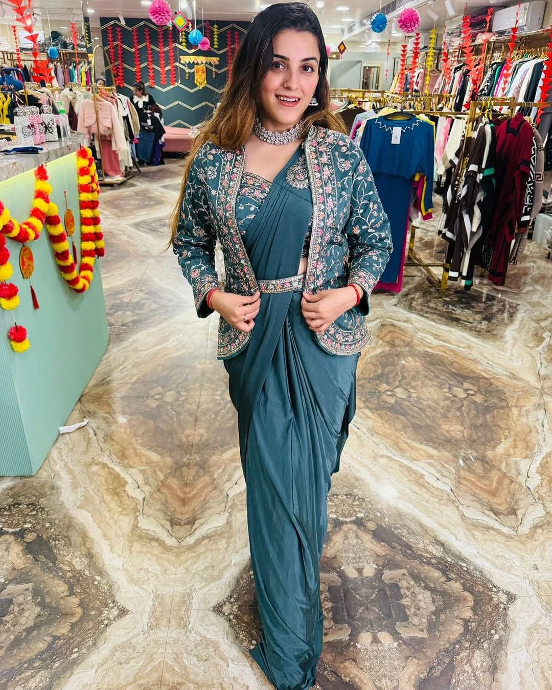 D 51 ✨ Designer Morpich Drape Saree with Embroidered Jacket Set ✨💚 Teal Green