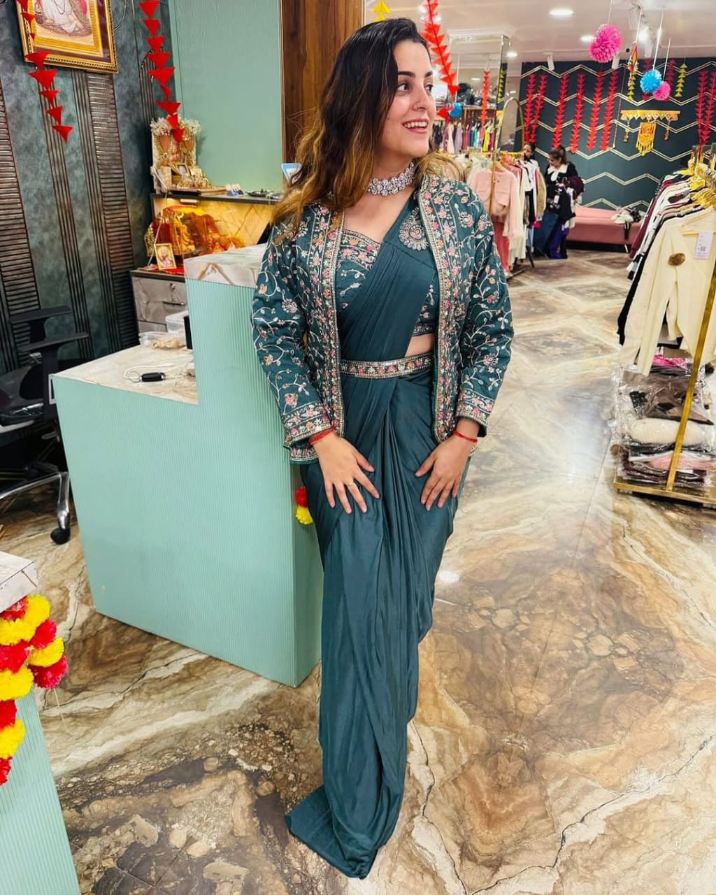 D 51  Teal Green Designer Saree with Jacket
