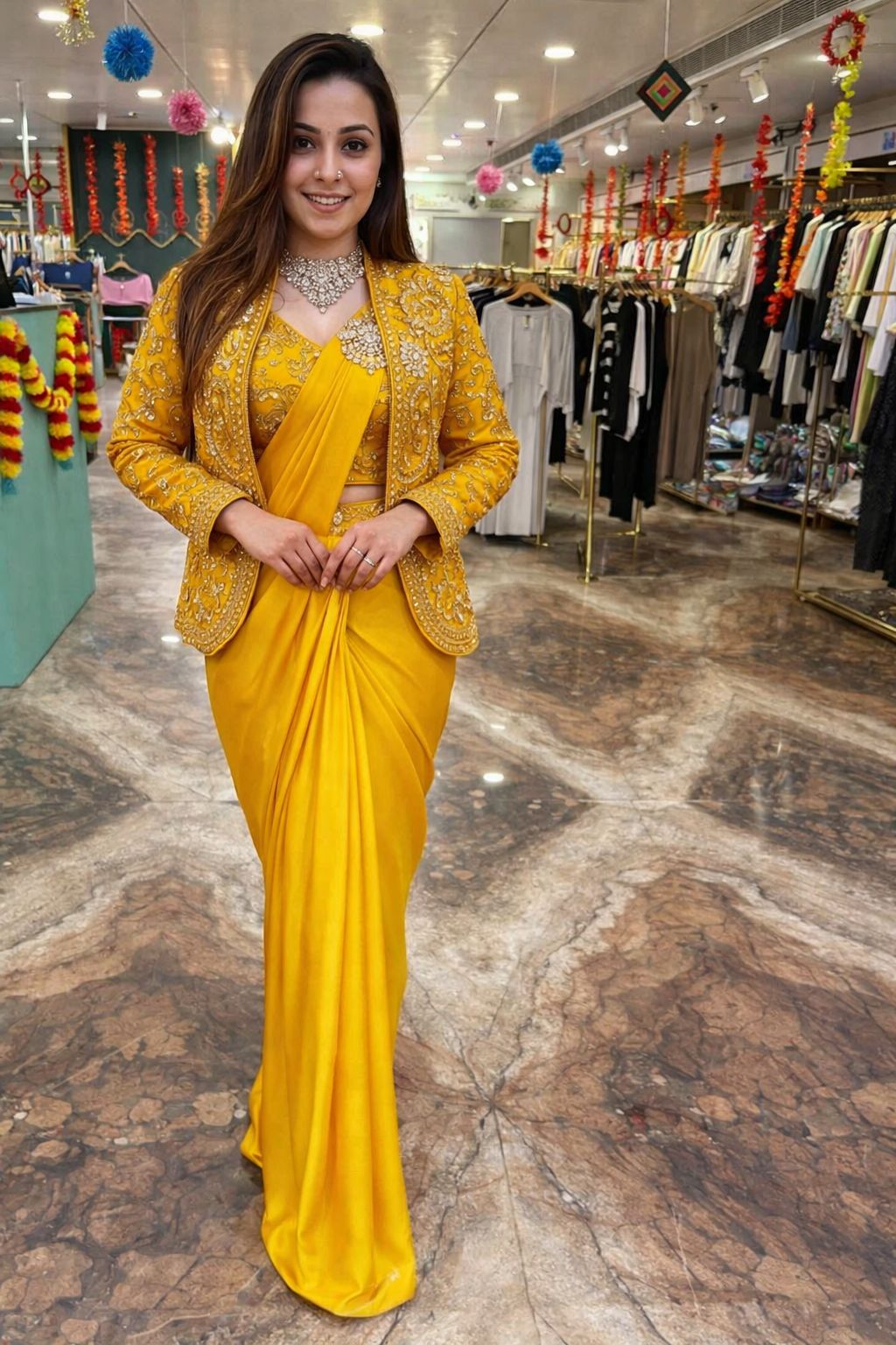 D 53 💛 Mustard Yellow Saree with Elegant Jacket